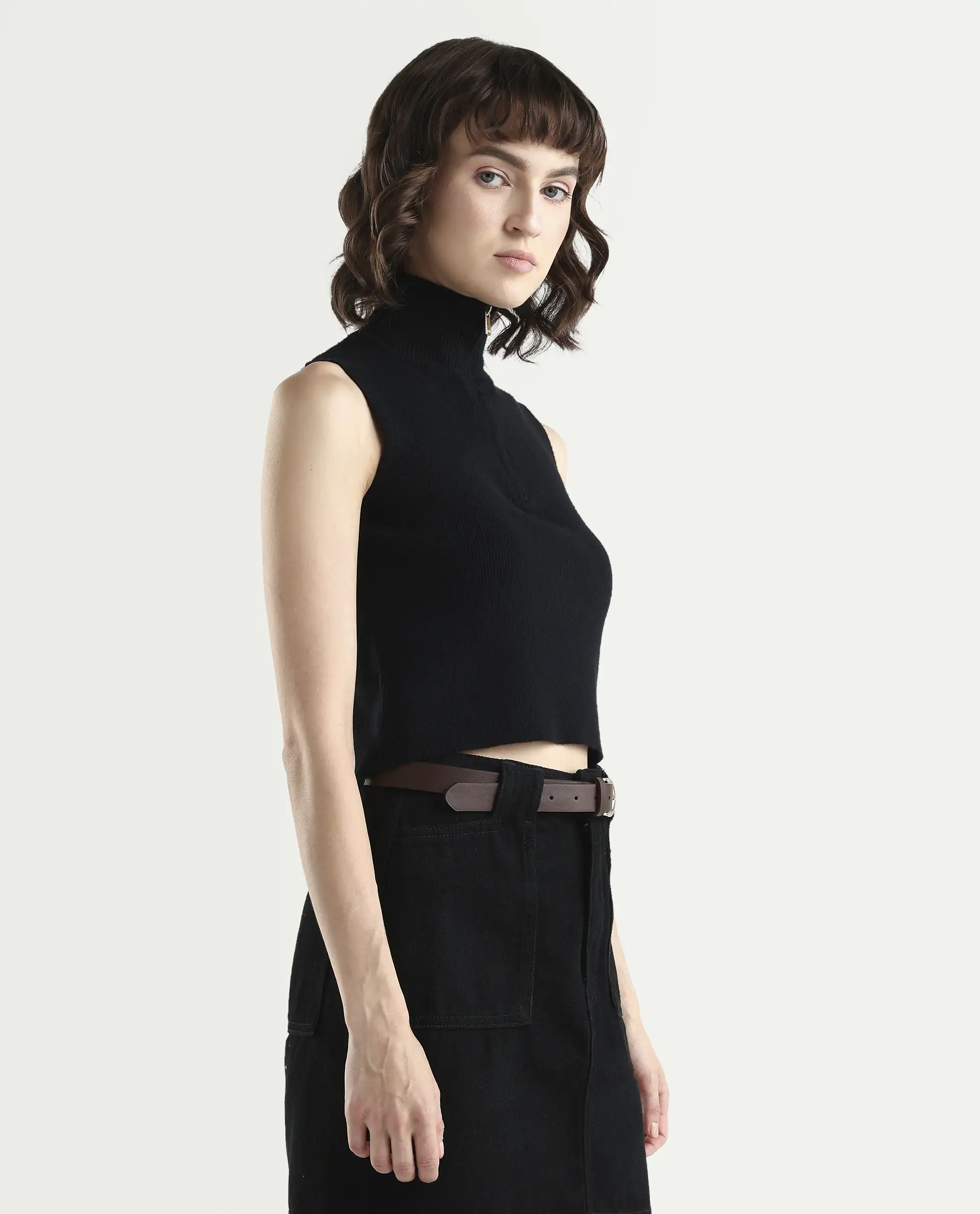 Rareism Women's Samo Black Viscose Blend Sleeveless High Neck Fitted Plain Top - Image 6