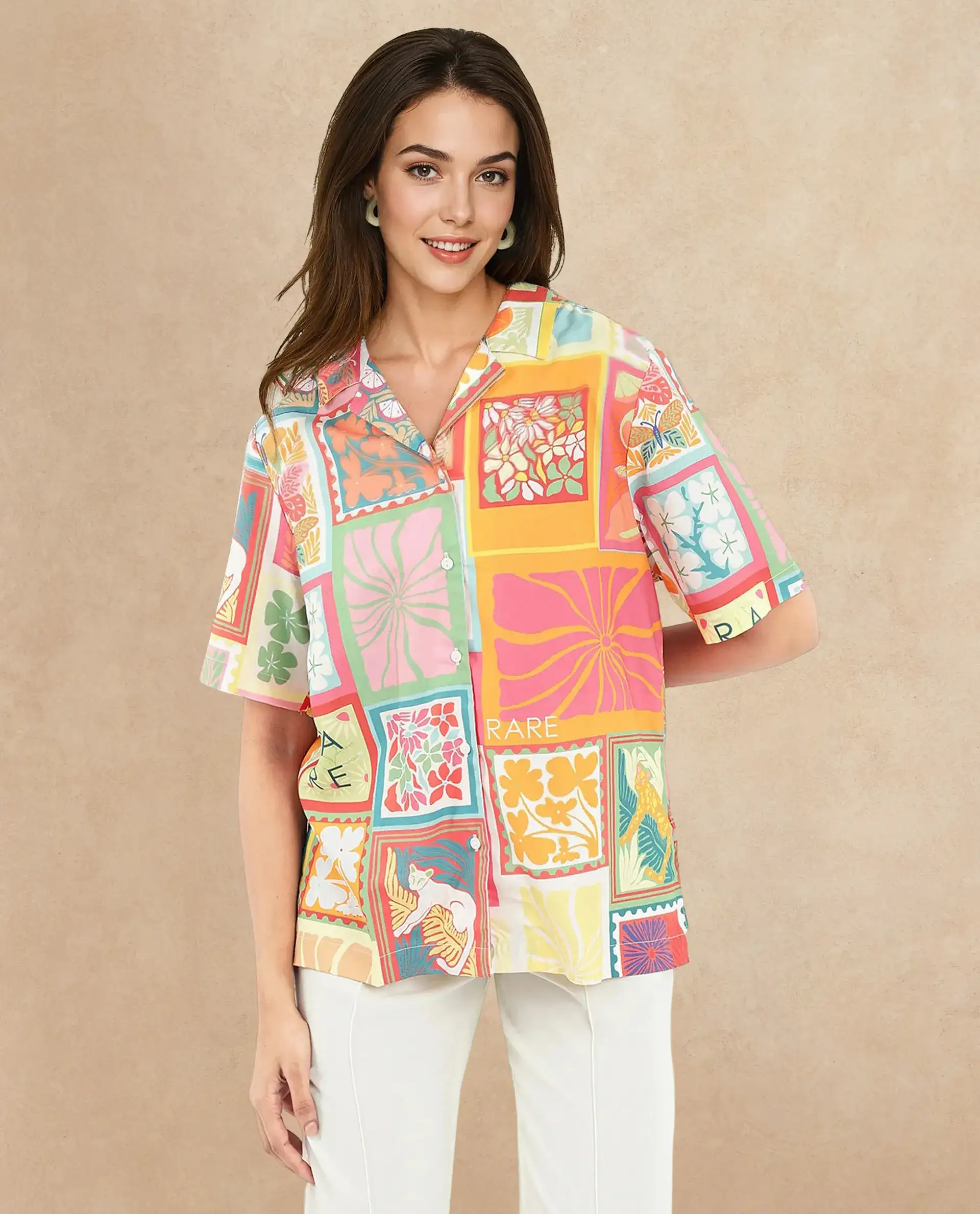 Rareism Women's Sampige Multi Viscose Spread Collar Abstract Print Relaxed Fit Top - Image 3