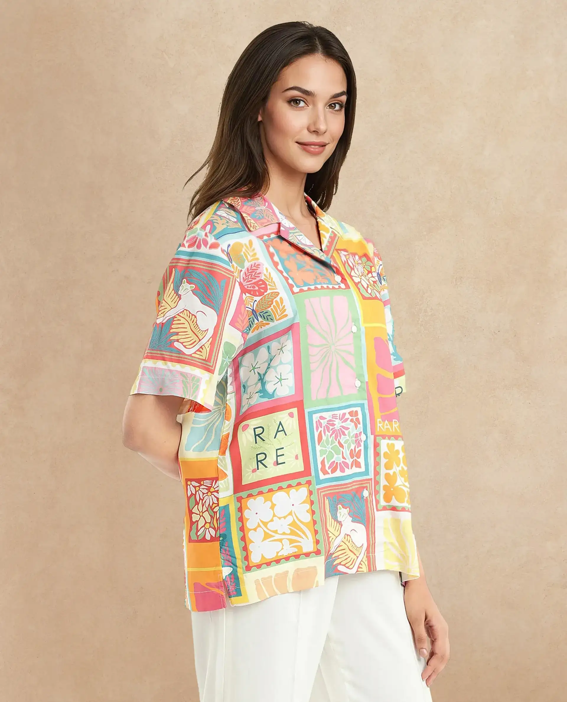 Rareism Women's Sampige Multi Viscose Spread Collar Abstract Print Relaxed Fit Top - Image 4