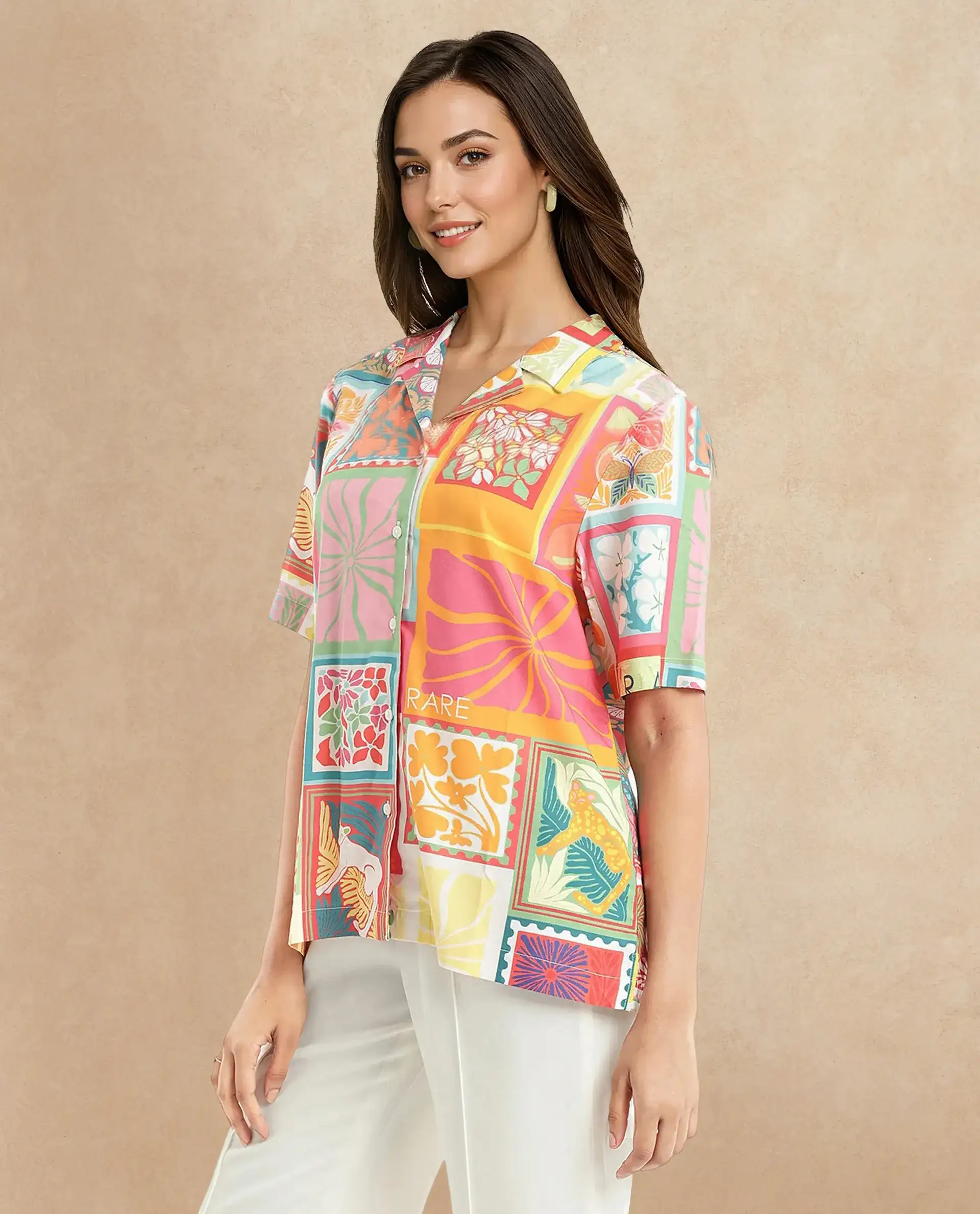 Rareism Women's Sampige Multi Viscose Spread Collar Abstract Print Relaxed Fit Top - Image 5