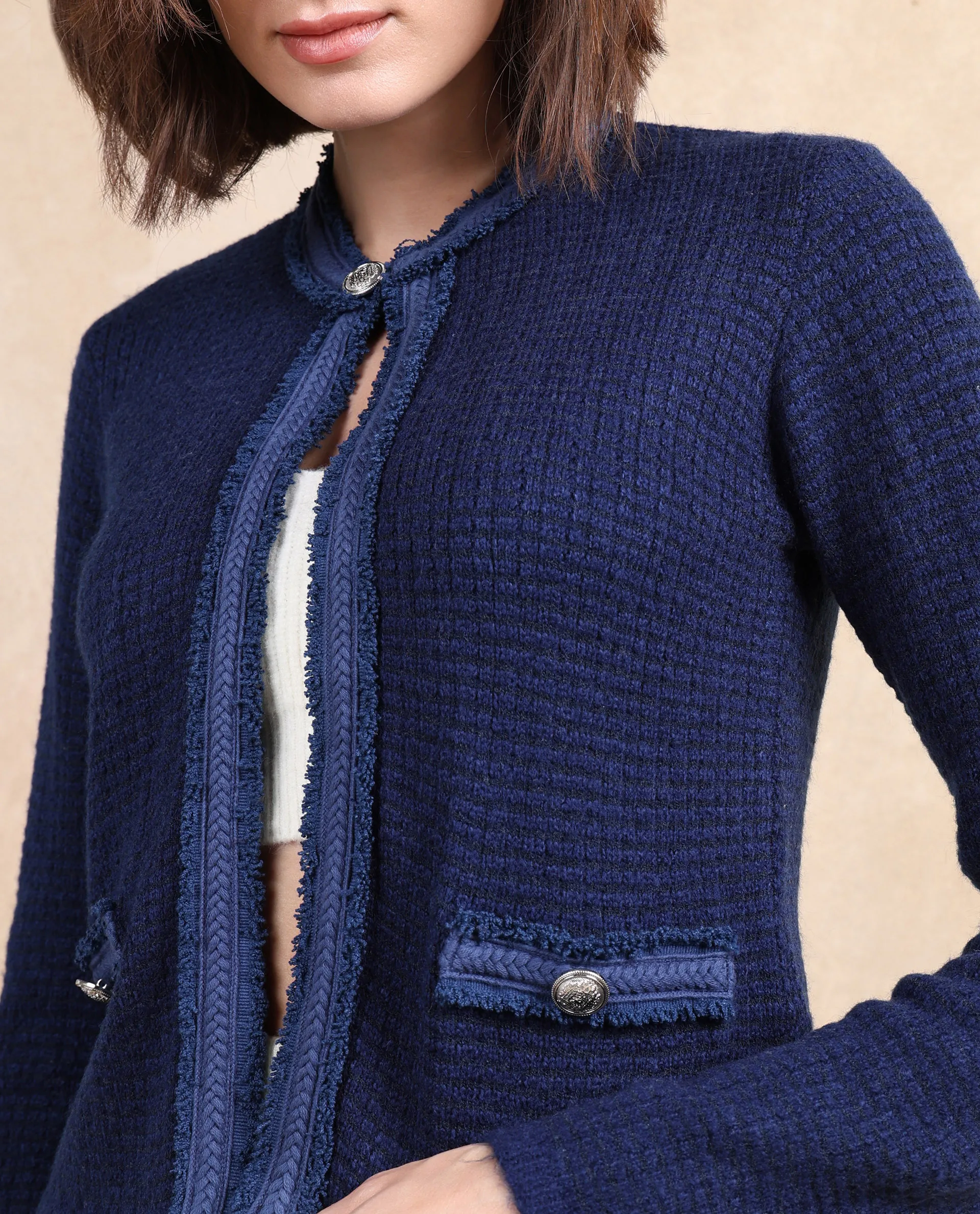 Rareism Women's Samsum Navy Crew Neck Plain Regular Fit Shrug - Image 3