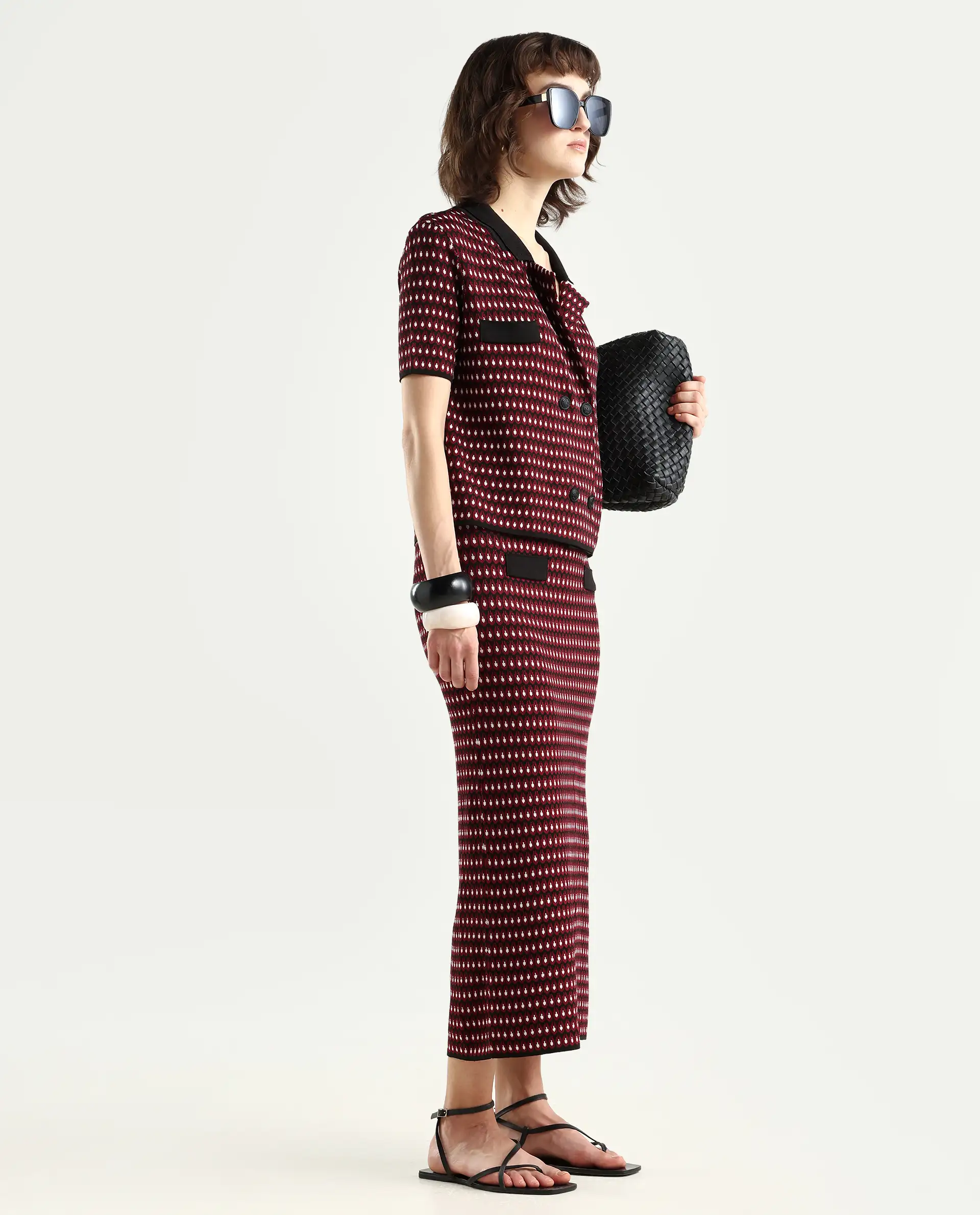 Rareism Women's Sanayi B Maroon Viscose Geometric Print Midi Relaxed Fit Skirt