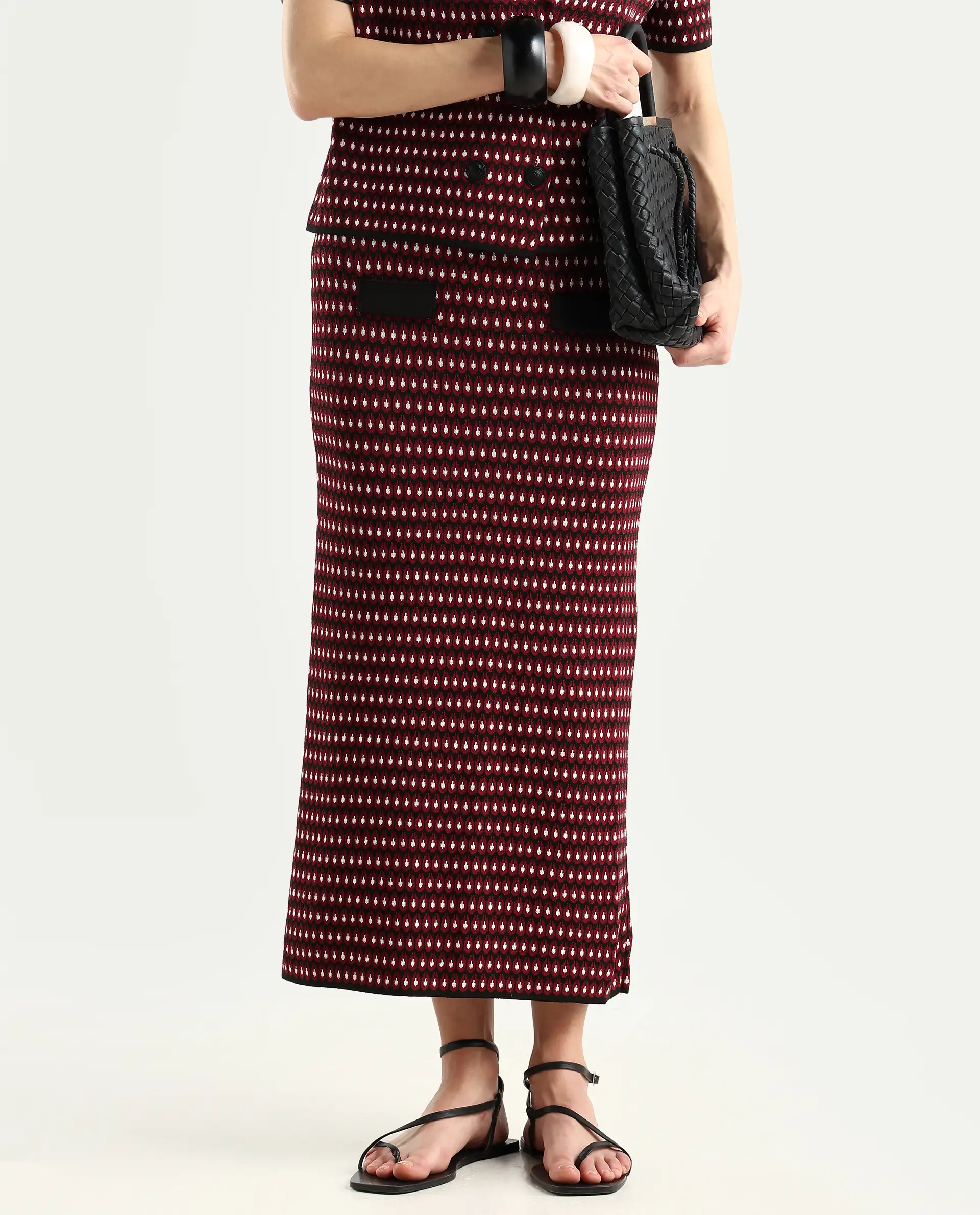 Rareism Women's Sanayi B Maroon Viscose Geometric Print Midi Relaxed Fit Skirt - Image 2
