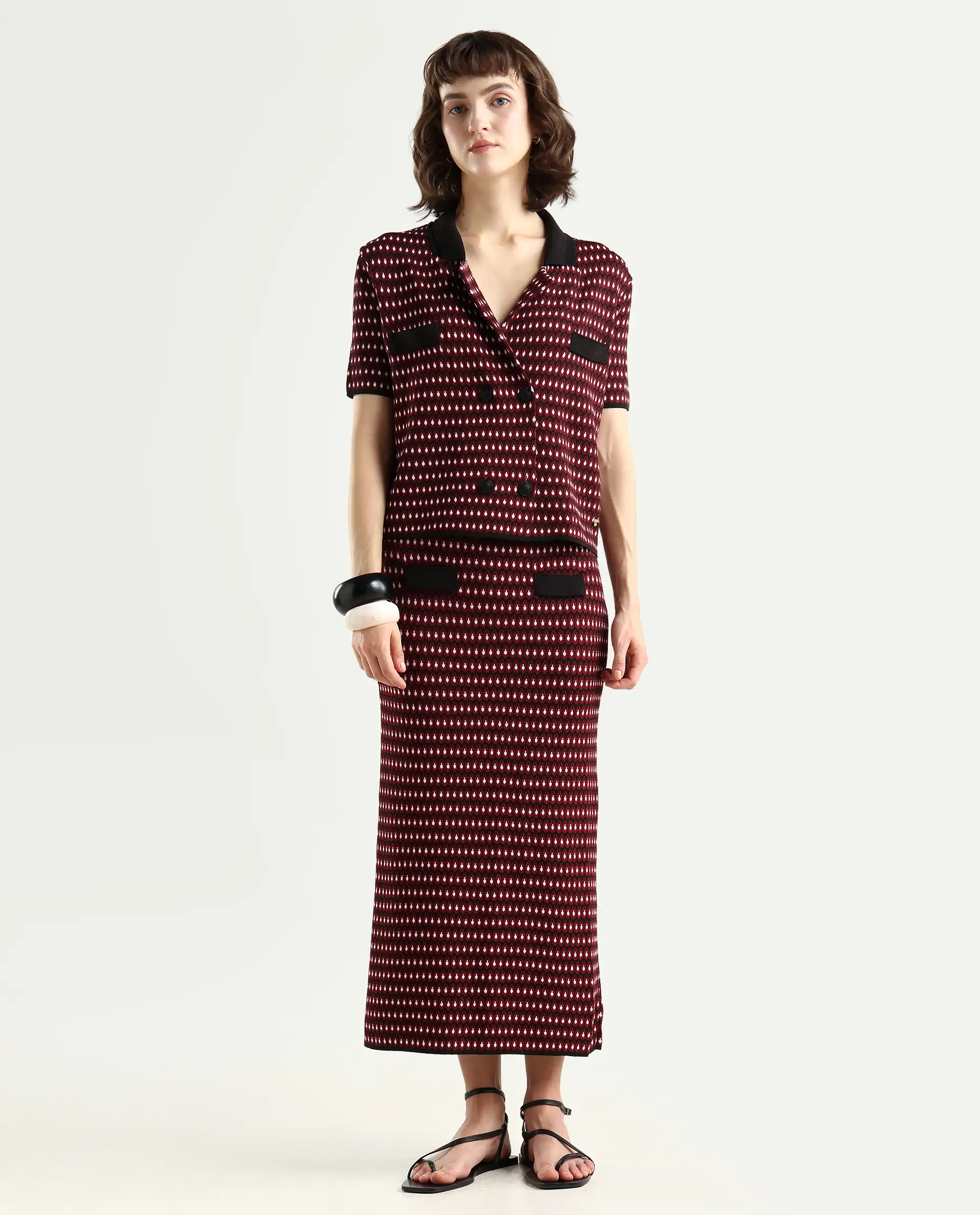 Rareism Women's Sanayi B Maroon Viscose Geometric Print Midi Relaxed Fit Skirt - Image 3