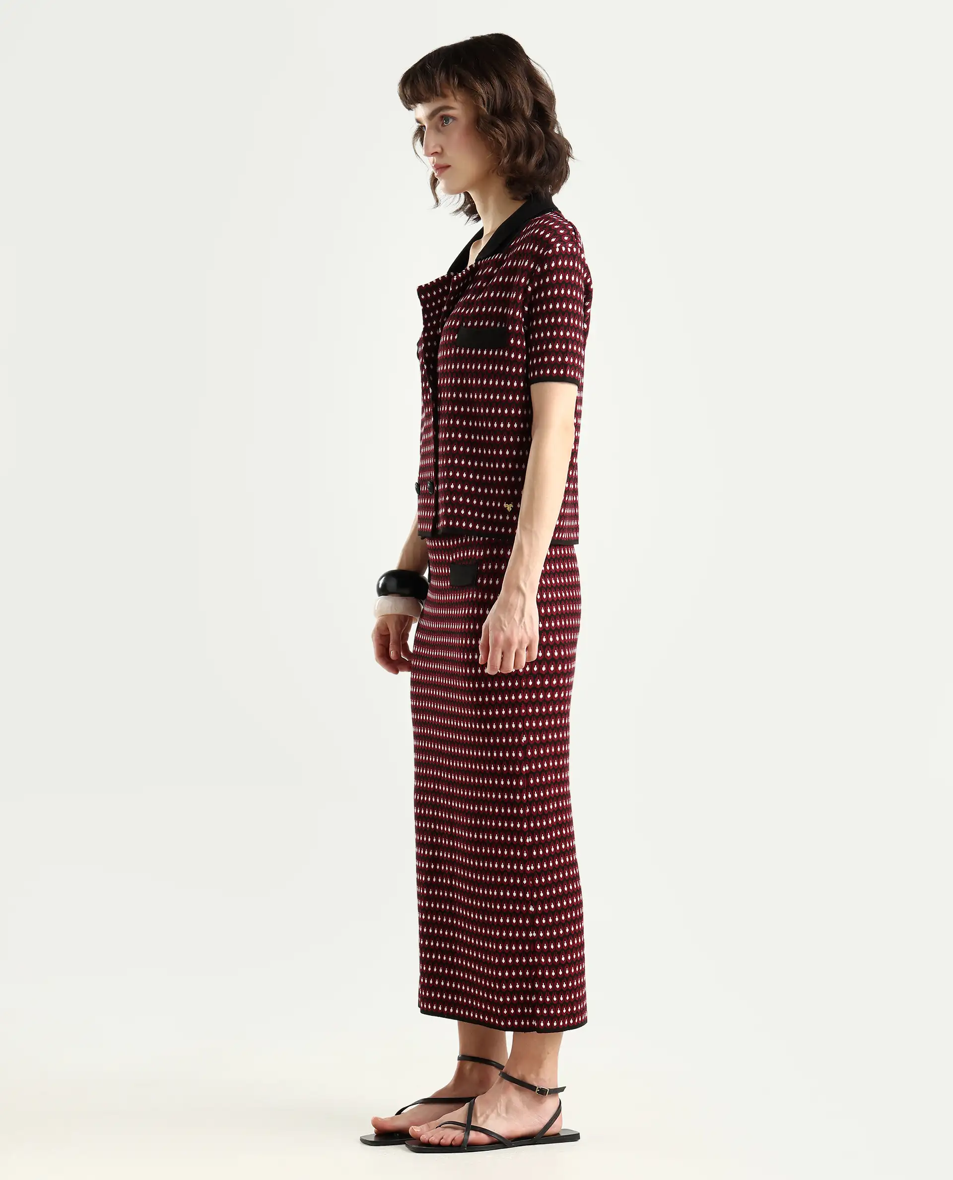 Rareism Women's Sanayi B Maroon Viscose Geometric Print Midi Relaxed Fit Skirt - Image 5