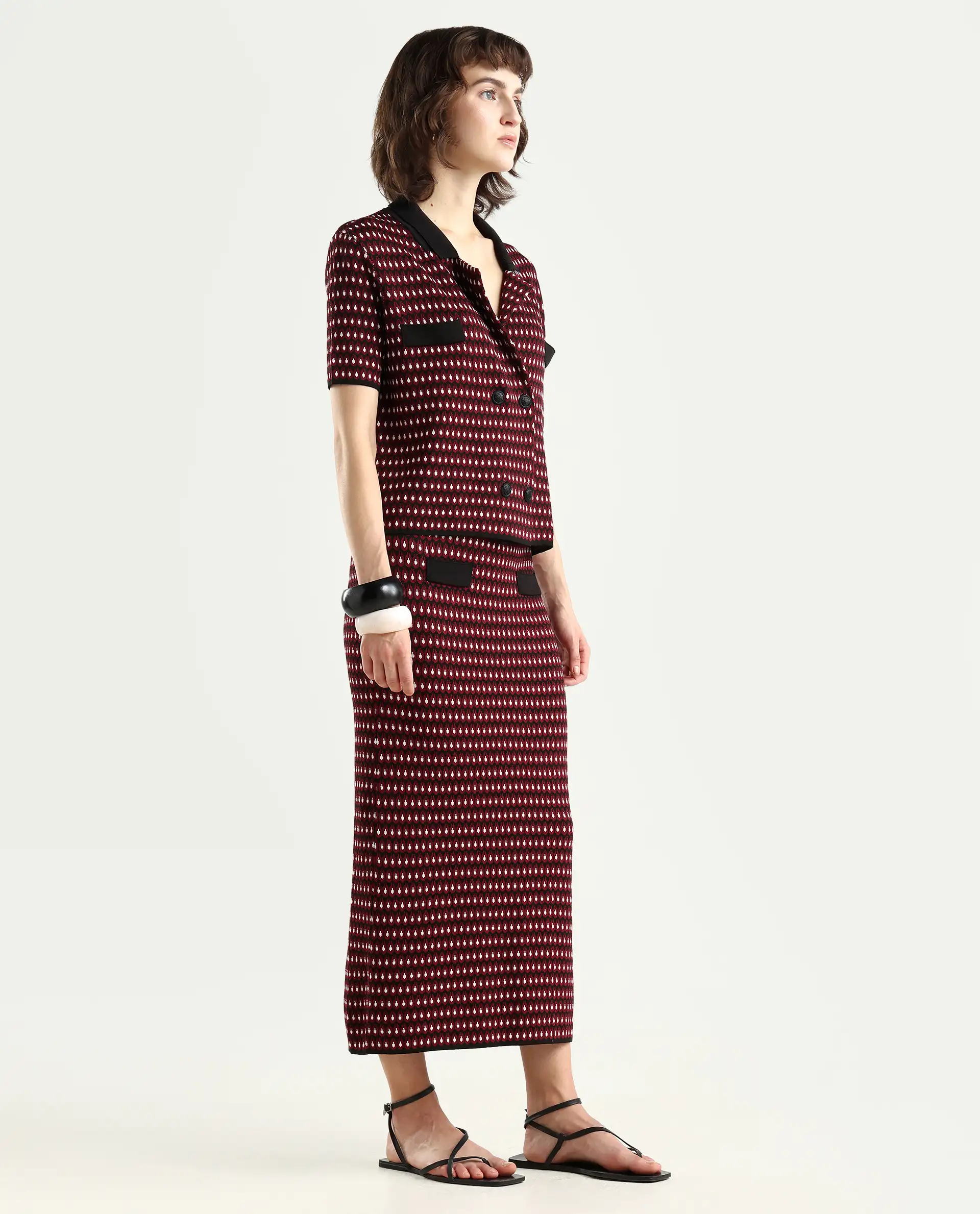 Rareism Women's Sanayi B Maroon Viscose Geometric Print Midi Relaxed Fit Skirt - Image 6