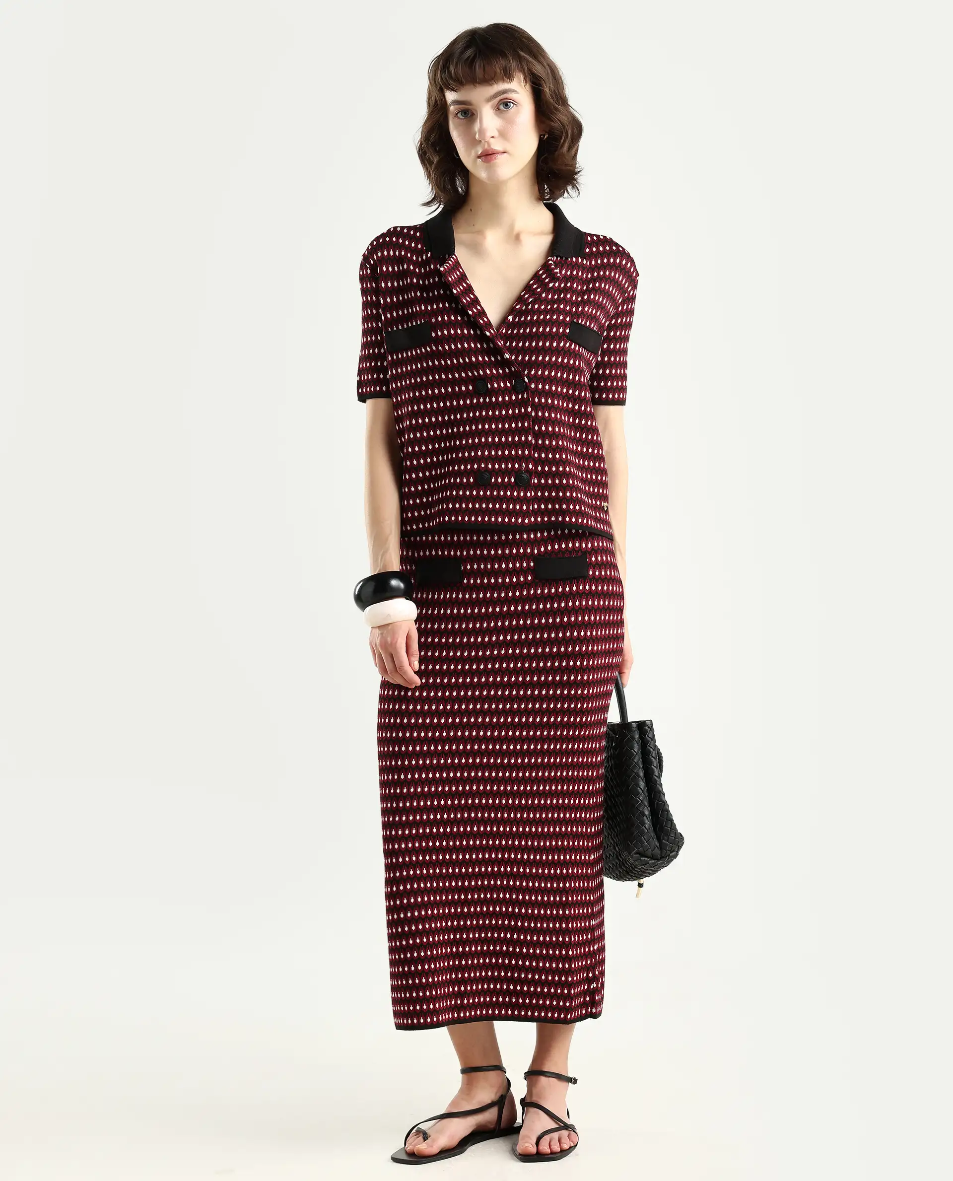 Rareism Women's Sanayi T Maroon Viscose Lapel Neck Geometric Print Midi Regular Fit Top - Image 2
