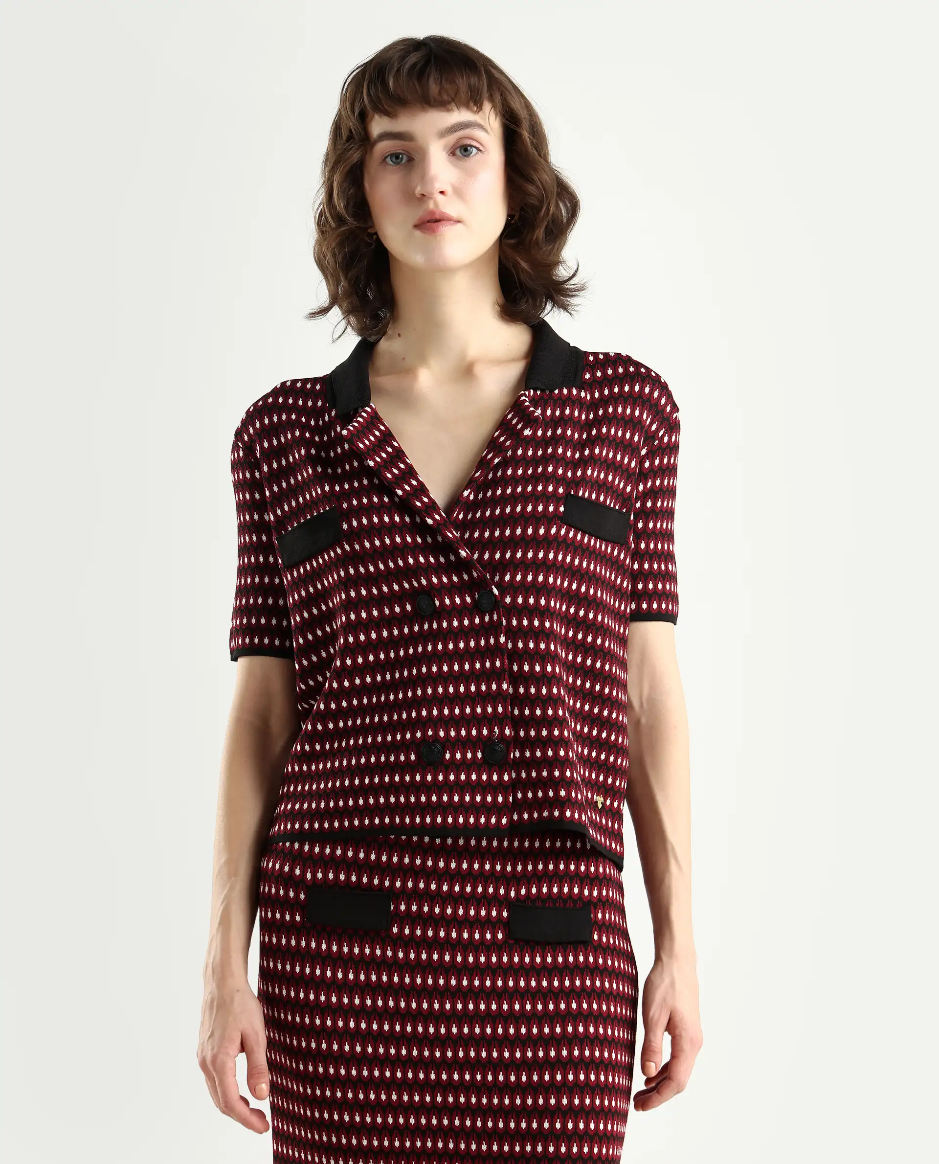 Rareism Women's Sanayi T Maroon Viscose Lapel Neck Geometric Print Midi Regular Fit Top - Image 3