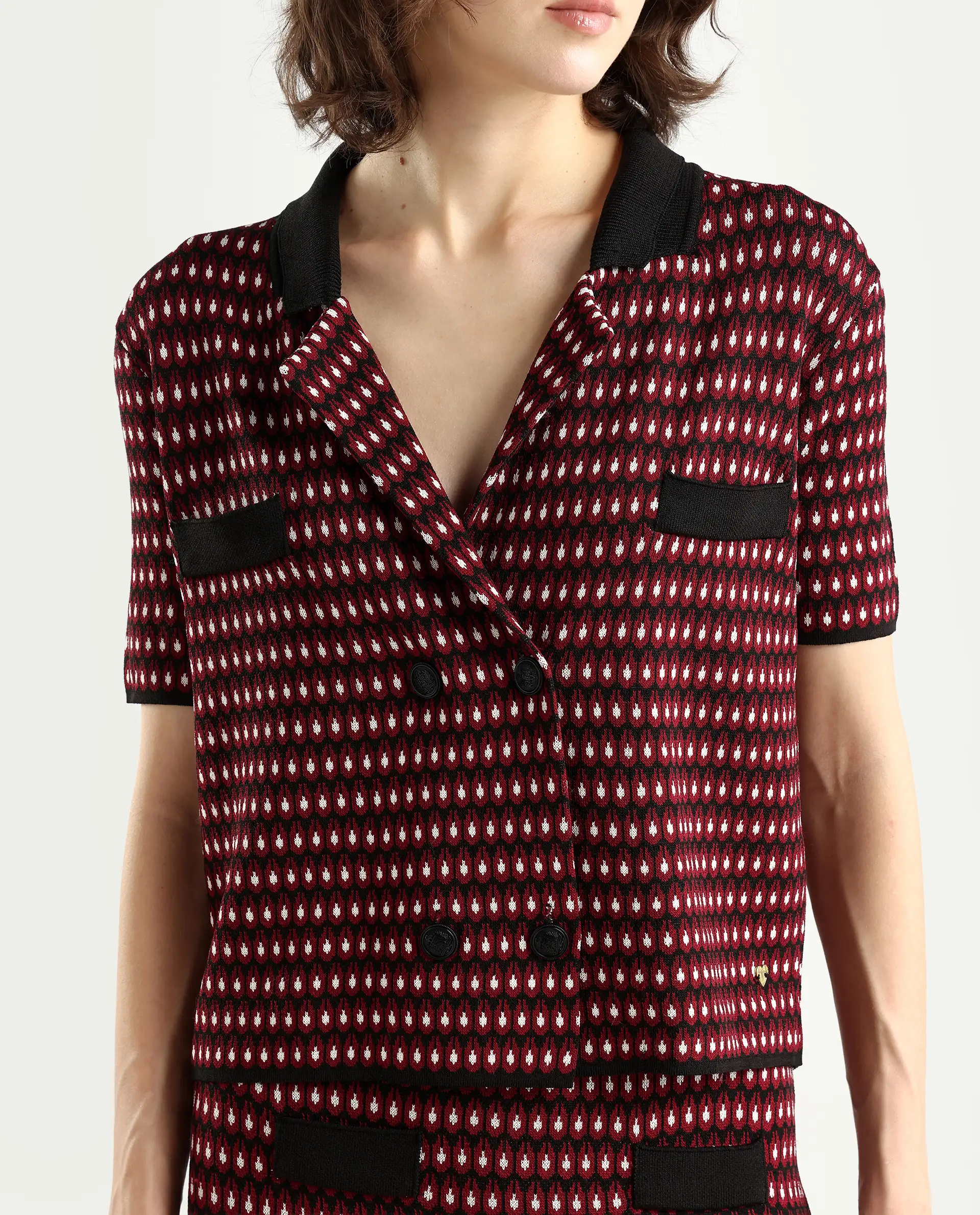 Rareism Women's Sanayi T Maroon Viscose Lapel Neck Geometric Print Midi Regular Fit Top - Image 4