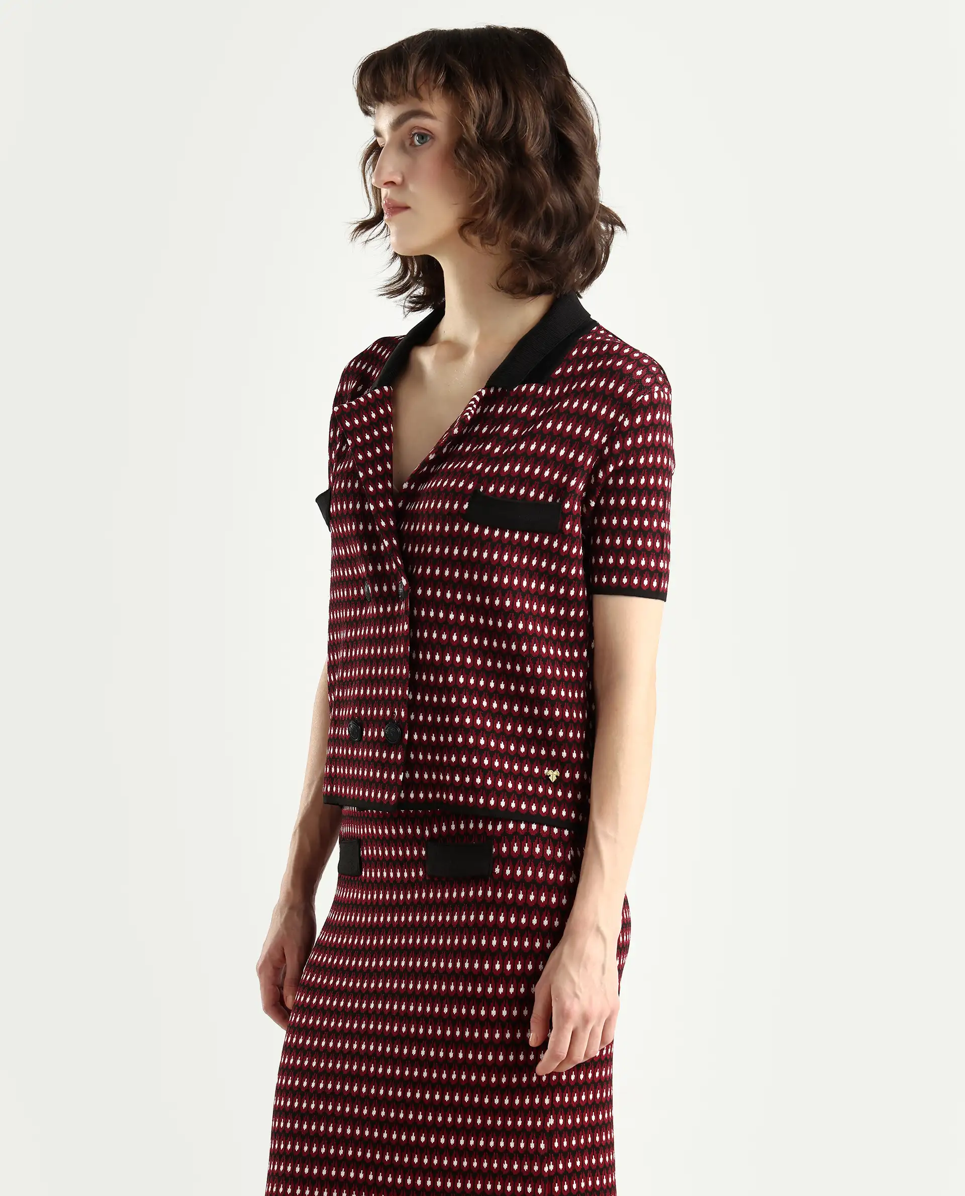 Rareism Women's Sanayi T Maroon Viscose Lapel Neck Geometric Print Midi Regular Fit Top - Image 5