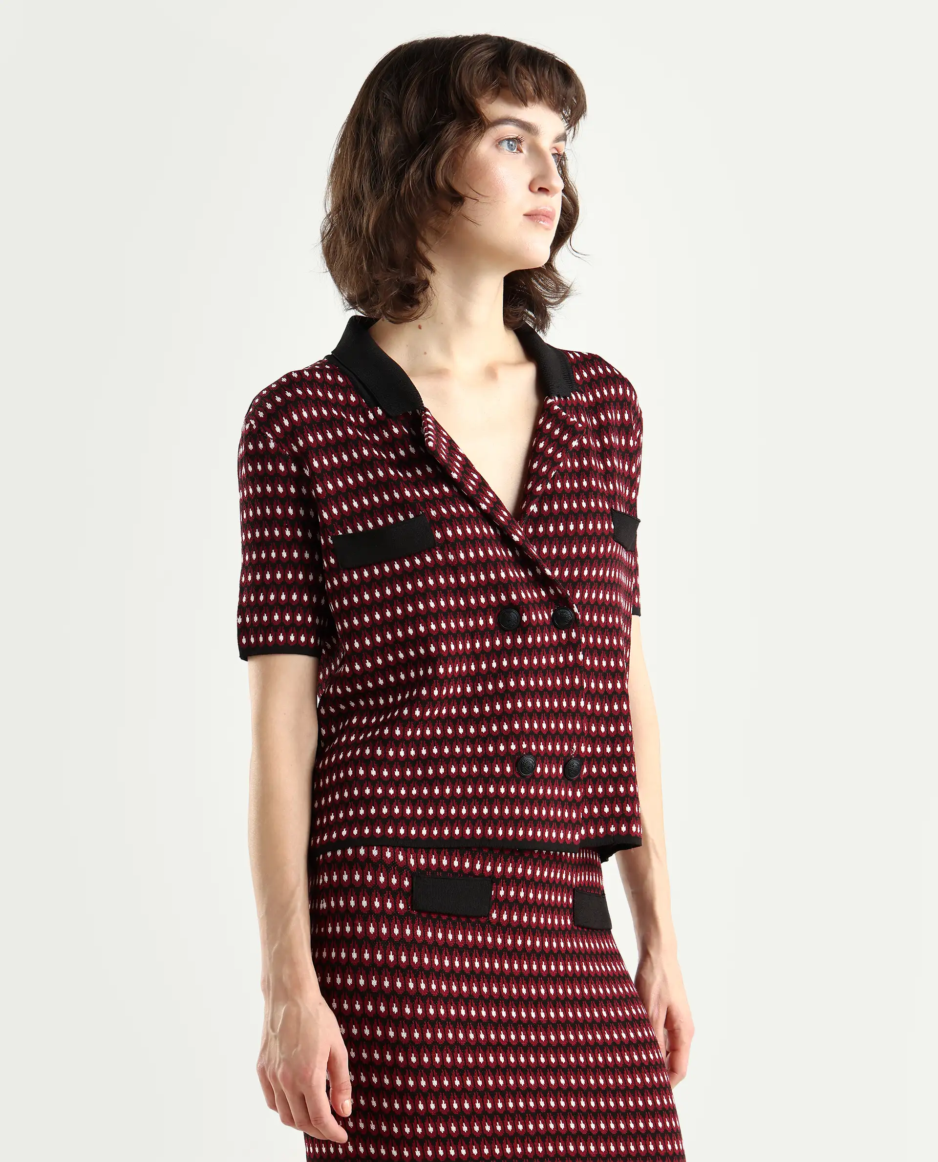 Rareism Women's Sanayi T Maroon Viscose Lapel Neck Geometric Print Midi Regular Fit Top - Image 6