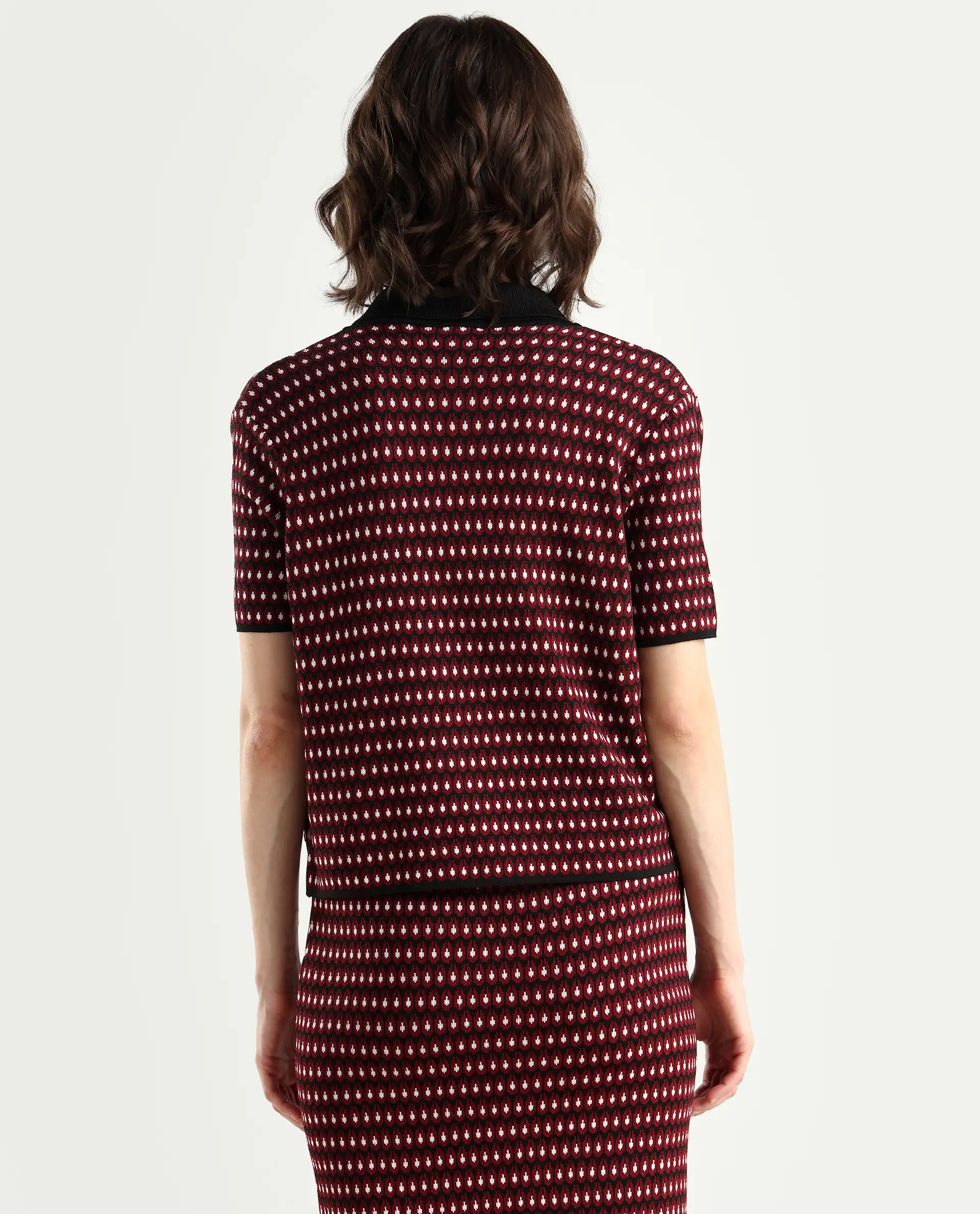 Rareism Women's Sanayi T Maroon Viscose Lapel Neck Geometric Print Midi Regular Fit Top - Image 7