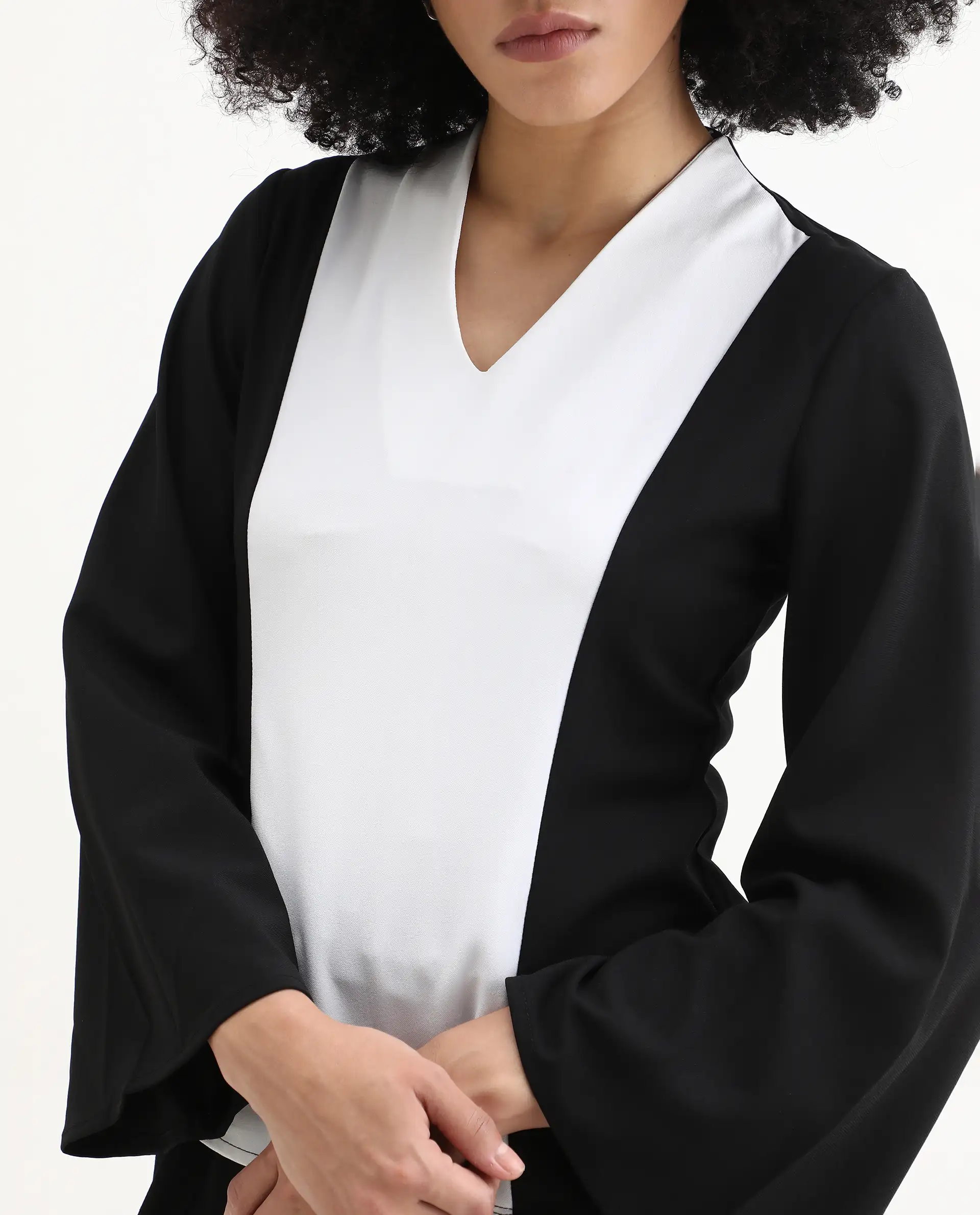 Rareism Women's Sanchiyi Black Twill V-Neck Color Block Regular Fitted Top - Image 3