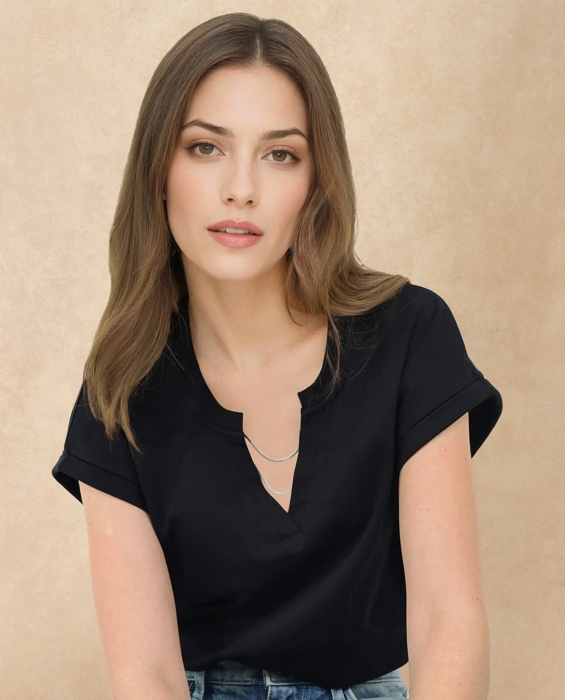 Rareism Women's Sanderson Black Cotton V-Neck Plain Extended Sleeves Regular Fit Top - Image 2