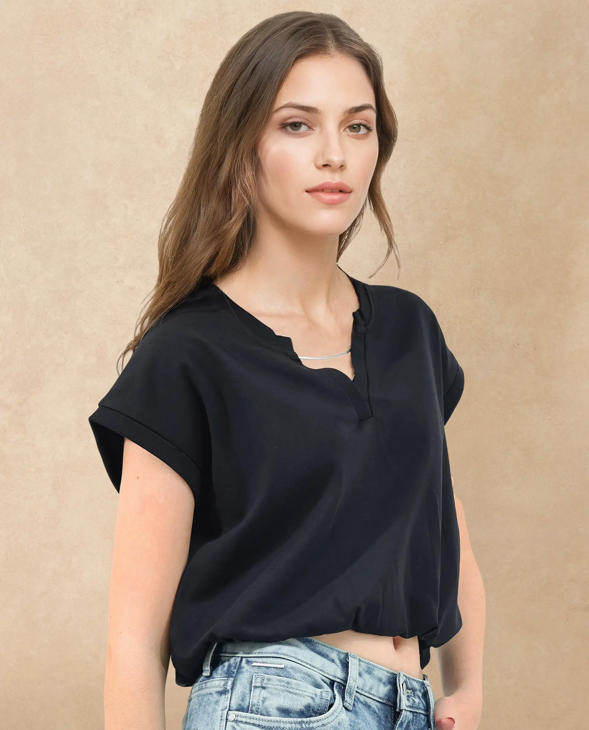 Rareism Women's Sanderson Black Cotton V-Neck Plain Extended Sleeves Regular Fit Top - Image 3
