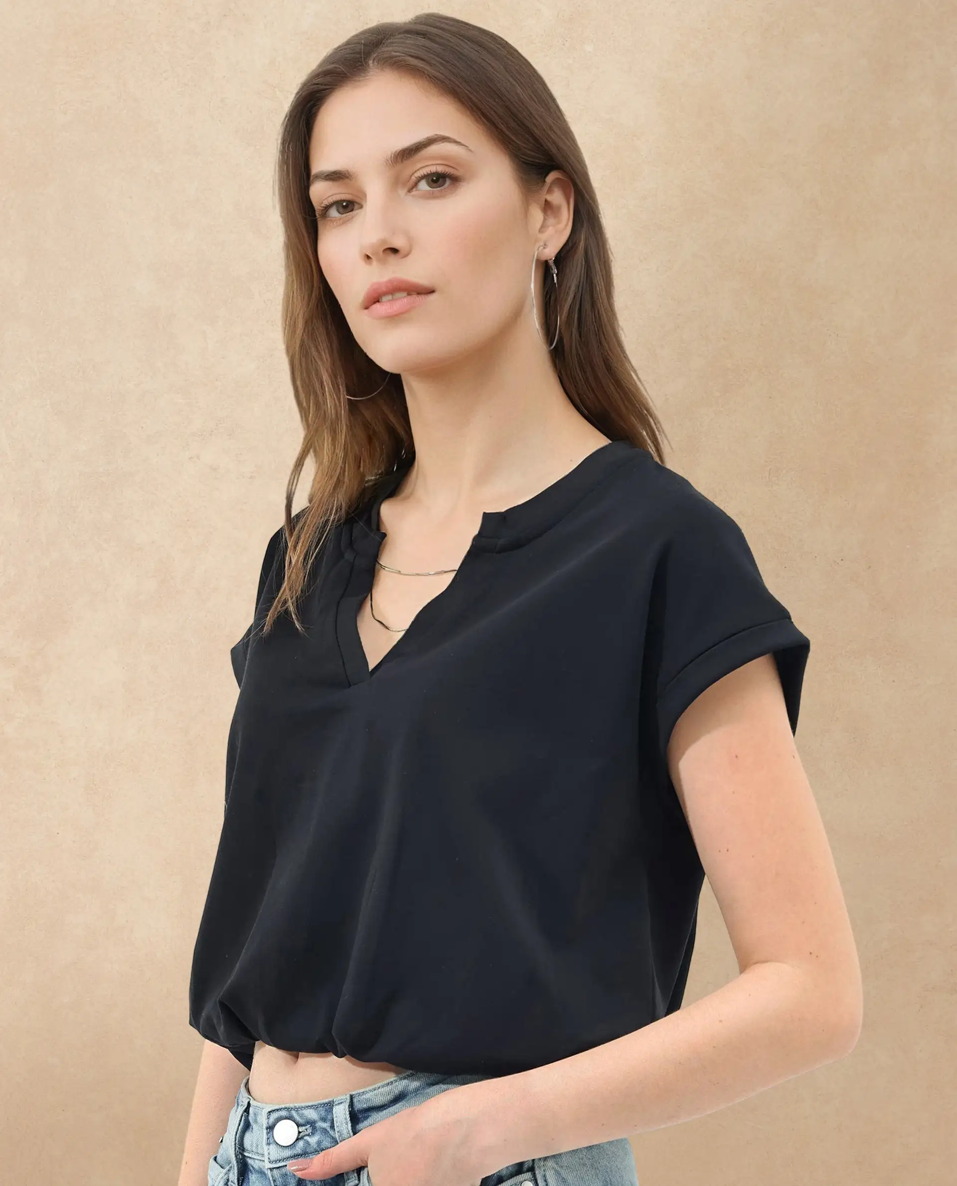 Rareism Women's Sanderson Black Cotton V-Neck Plain Extended Sleeves Regular Fit Top - Image 5