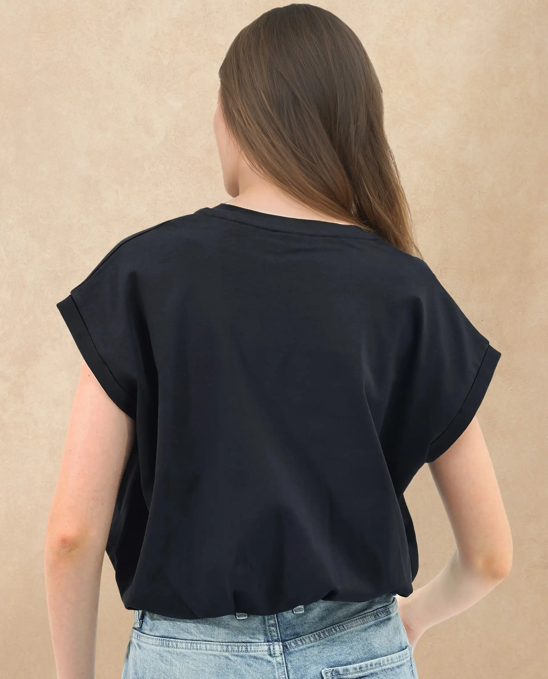 Rareism Women's Sanderson Black Cotton V-Neck Plain Extended Sleeves Regular Fit Top - Image 7