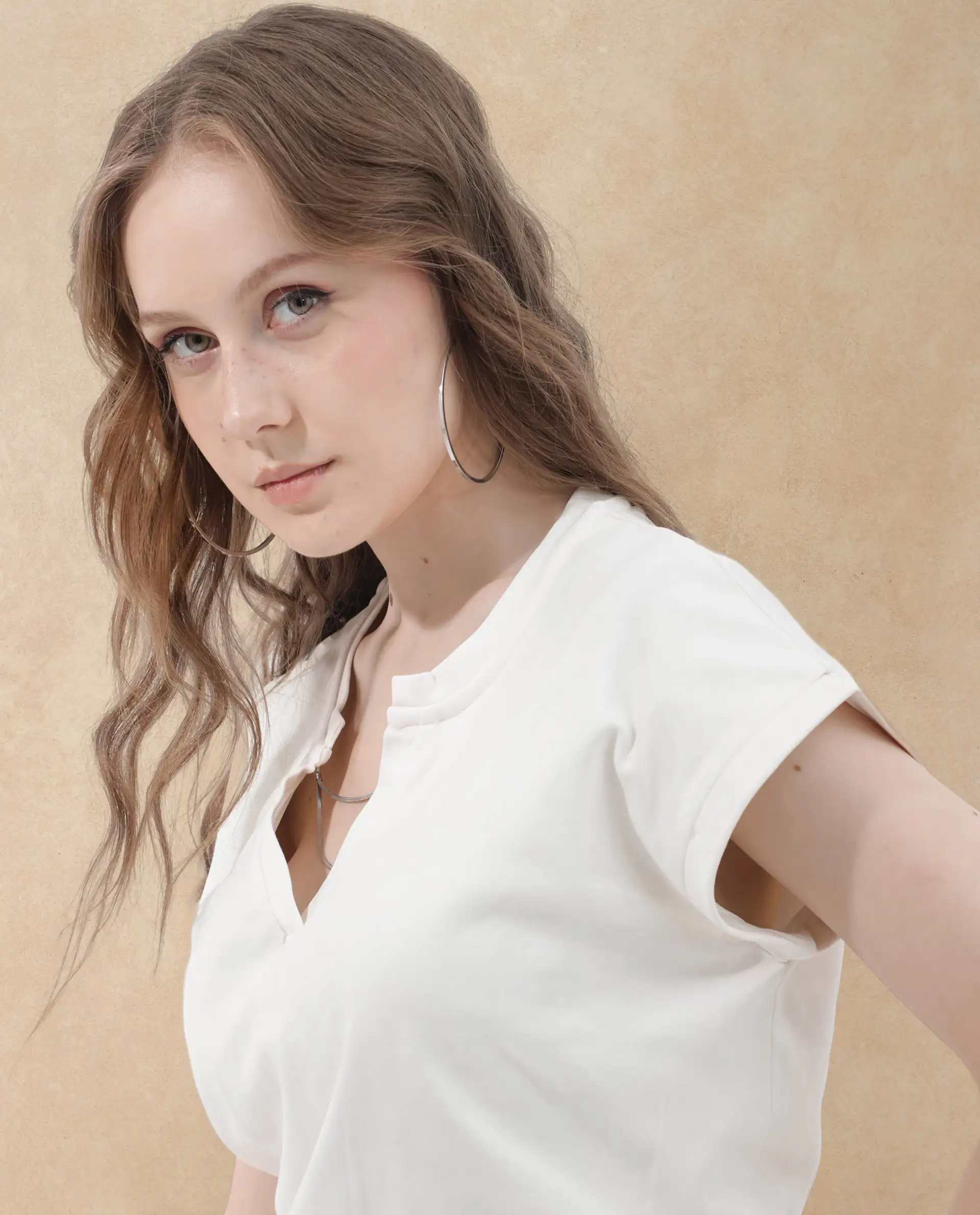 Rareism Women's Sanderson Off White Cotton V-Neck Plain Extended Sleeves Regular Fit Top - Image 4