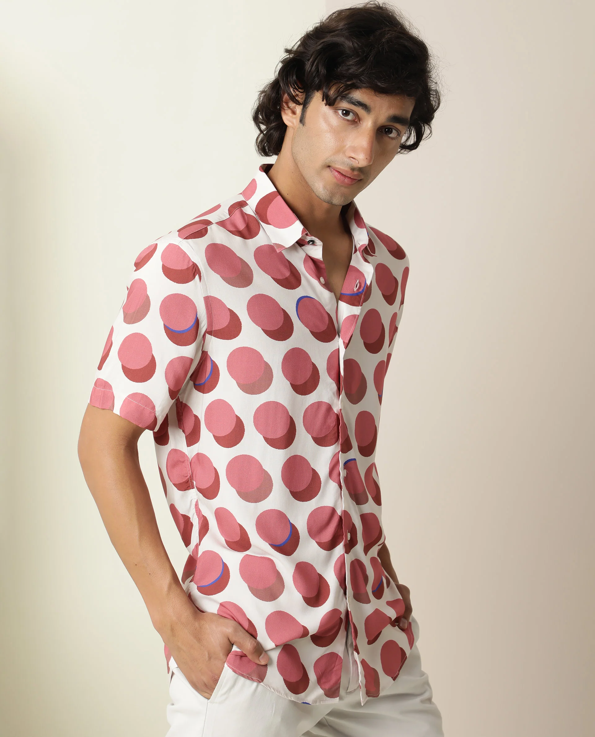 Rare Rabbit Men's Sandet Off White Viscose Polka Print Regular Fit Half Sleeve Collared Shirt - Image 2
