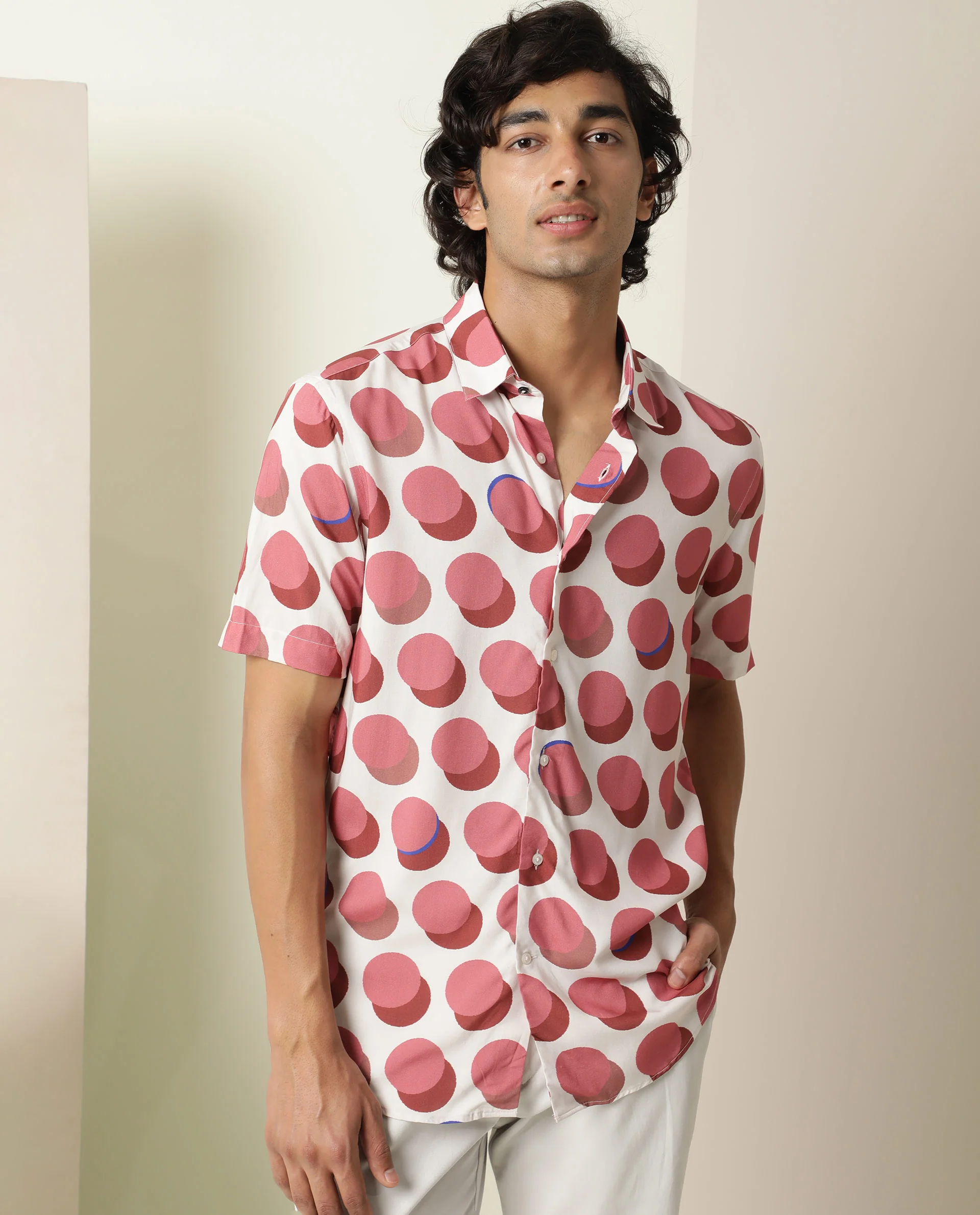 Rare Rabbit Men's Sandet Off White Viscose Polka Print Regular Fit Half Sleeve Collared Shirt - Image 3