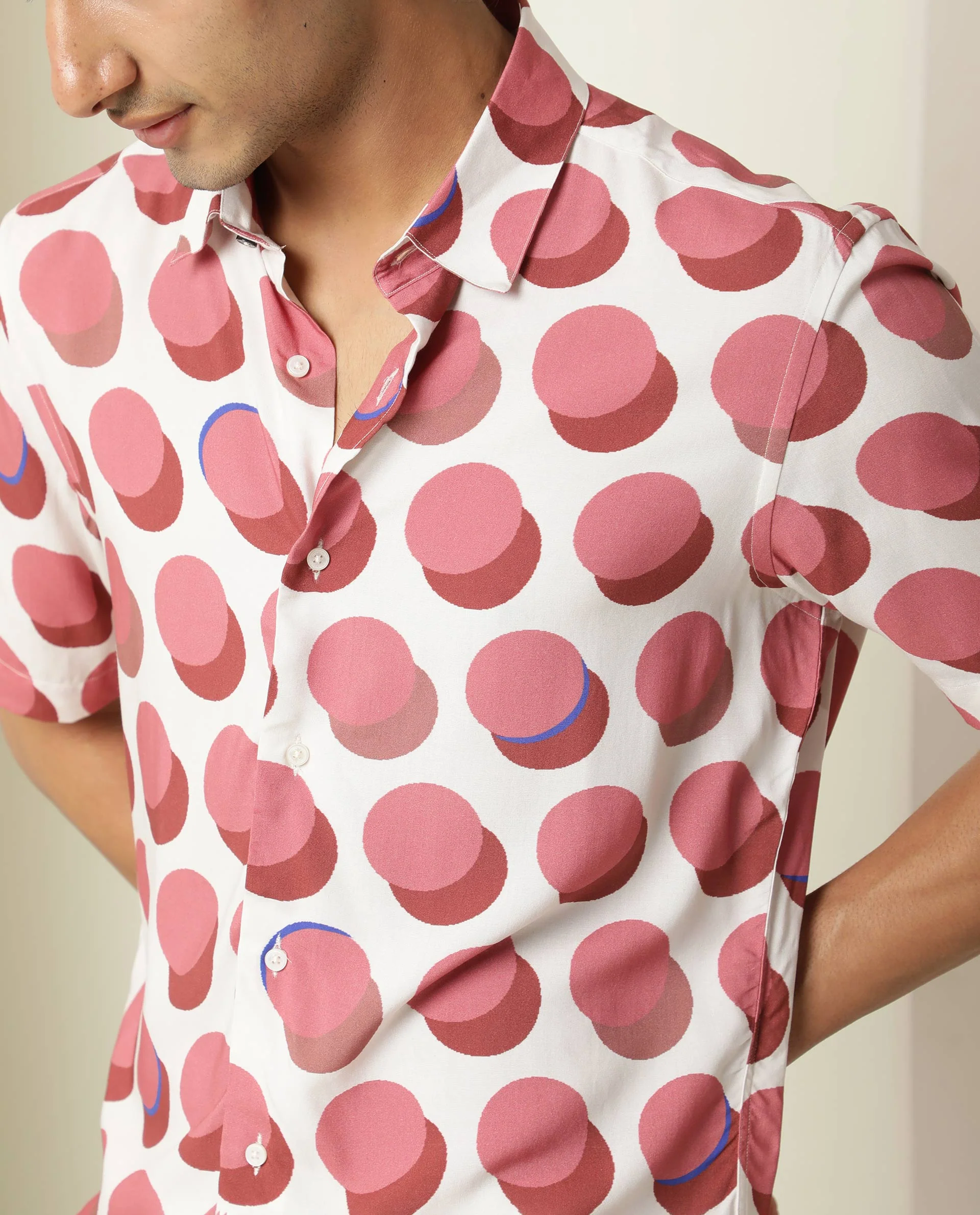 Rare Rabbit Men's Sandet Off White Viscose Polka Print Regular Fit Half Sleeve Collared Shirt - Image 5