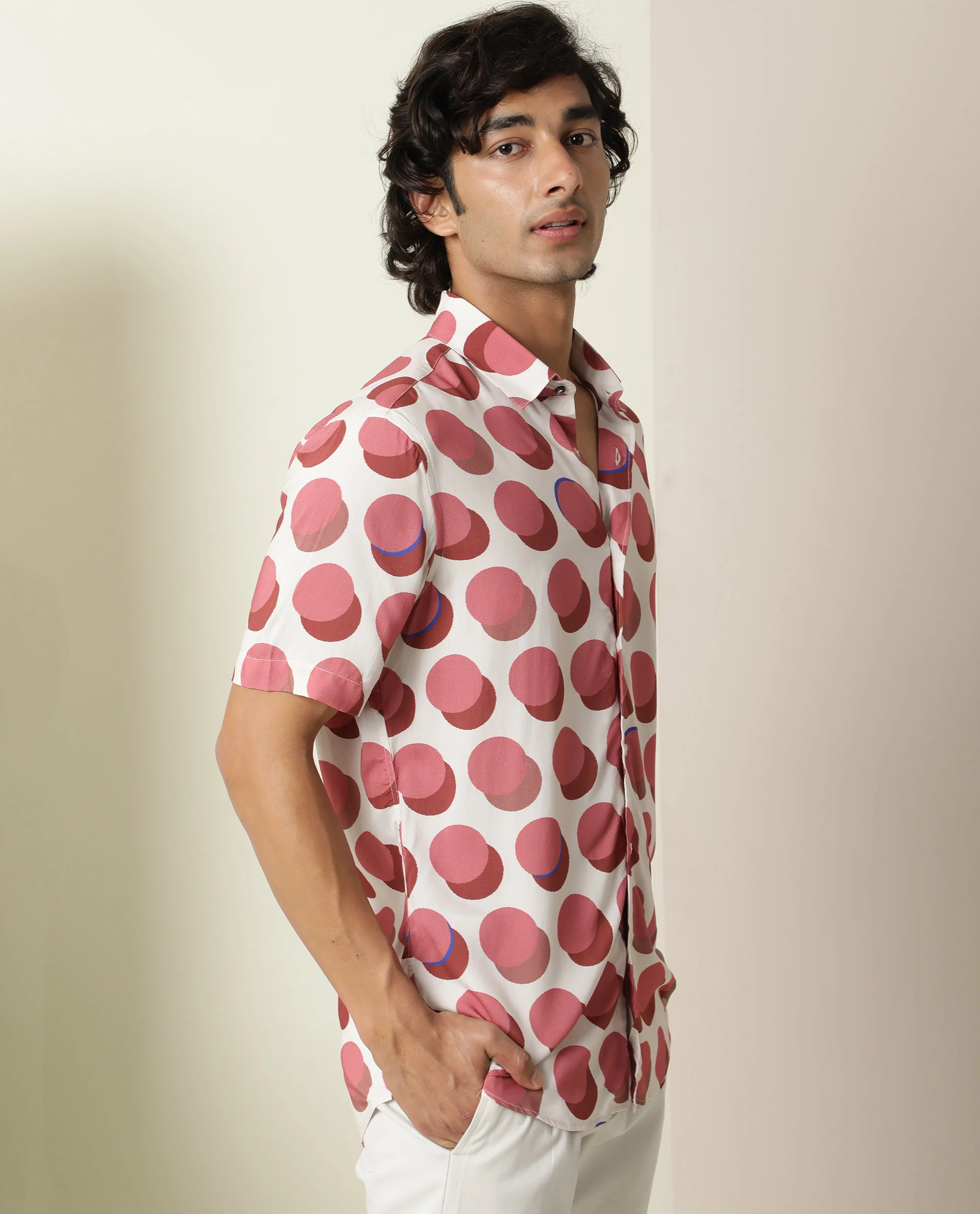 Rare Rabbit Men's Sandet Off White Viscose Polka Print Regular Fit Half Sleeve Collared Shirt - Image 6