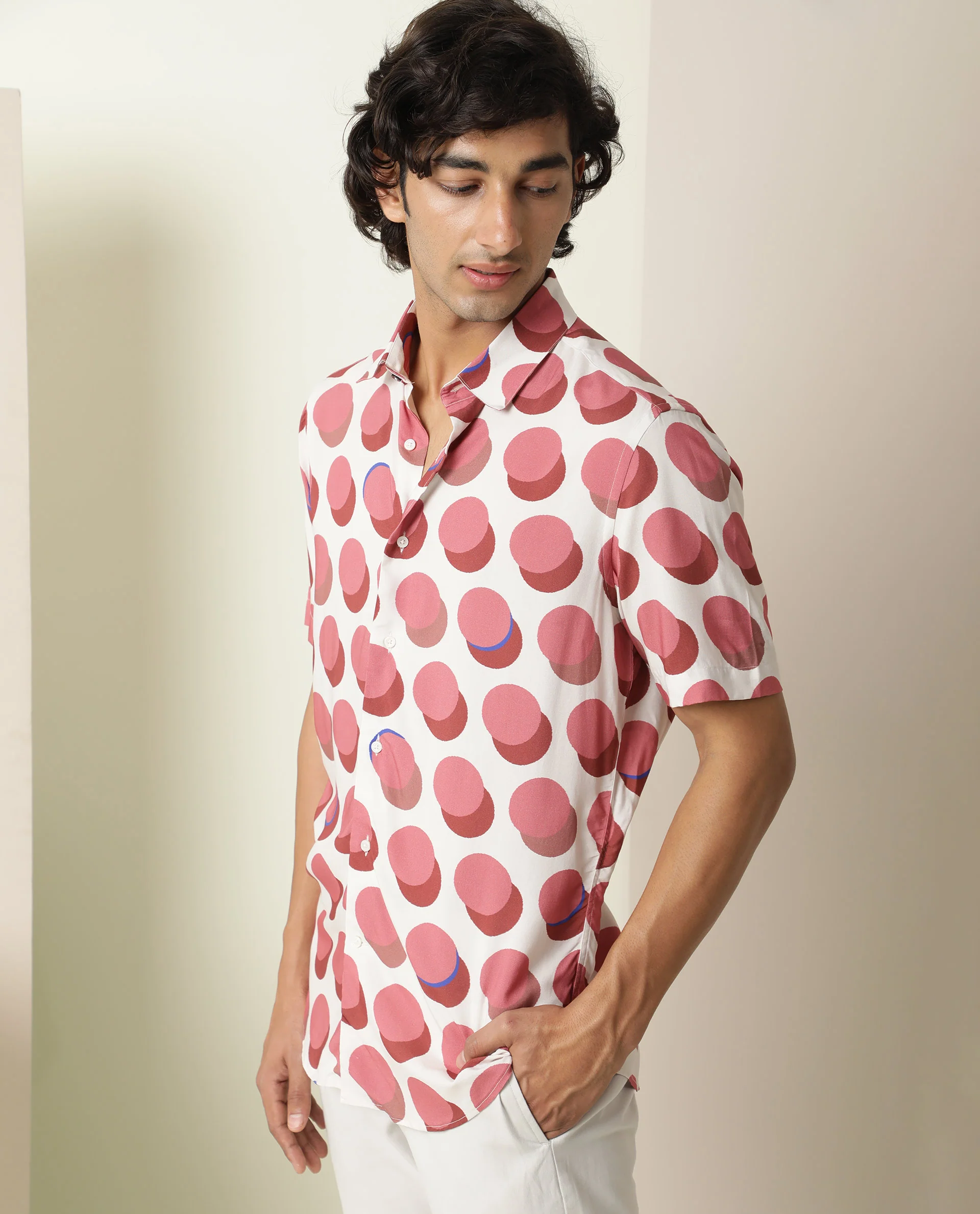 Rare Rabbit Men's Sandet Off White Viscose Polka Print Regular Fit Half Sleeve Collared Shirt - Image 7