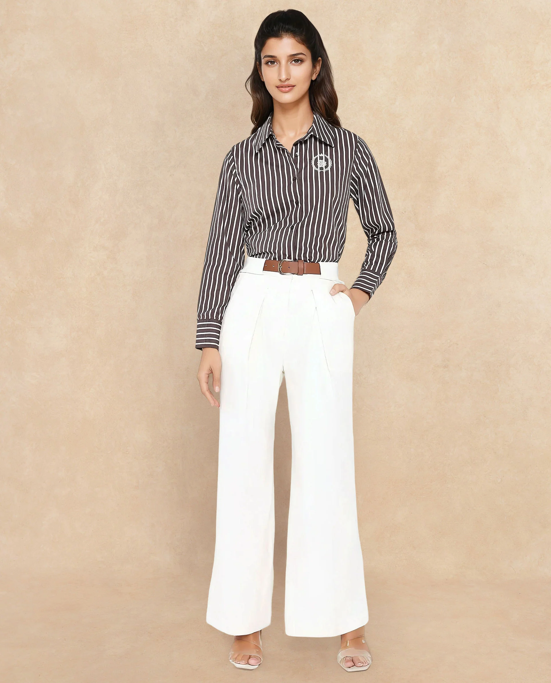 Rareism Women's Sandi Beige Polyester Plain Ankle Length Wide Trouser - Image 2