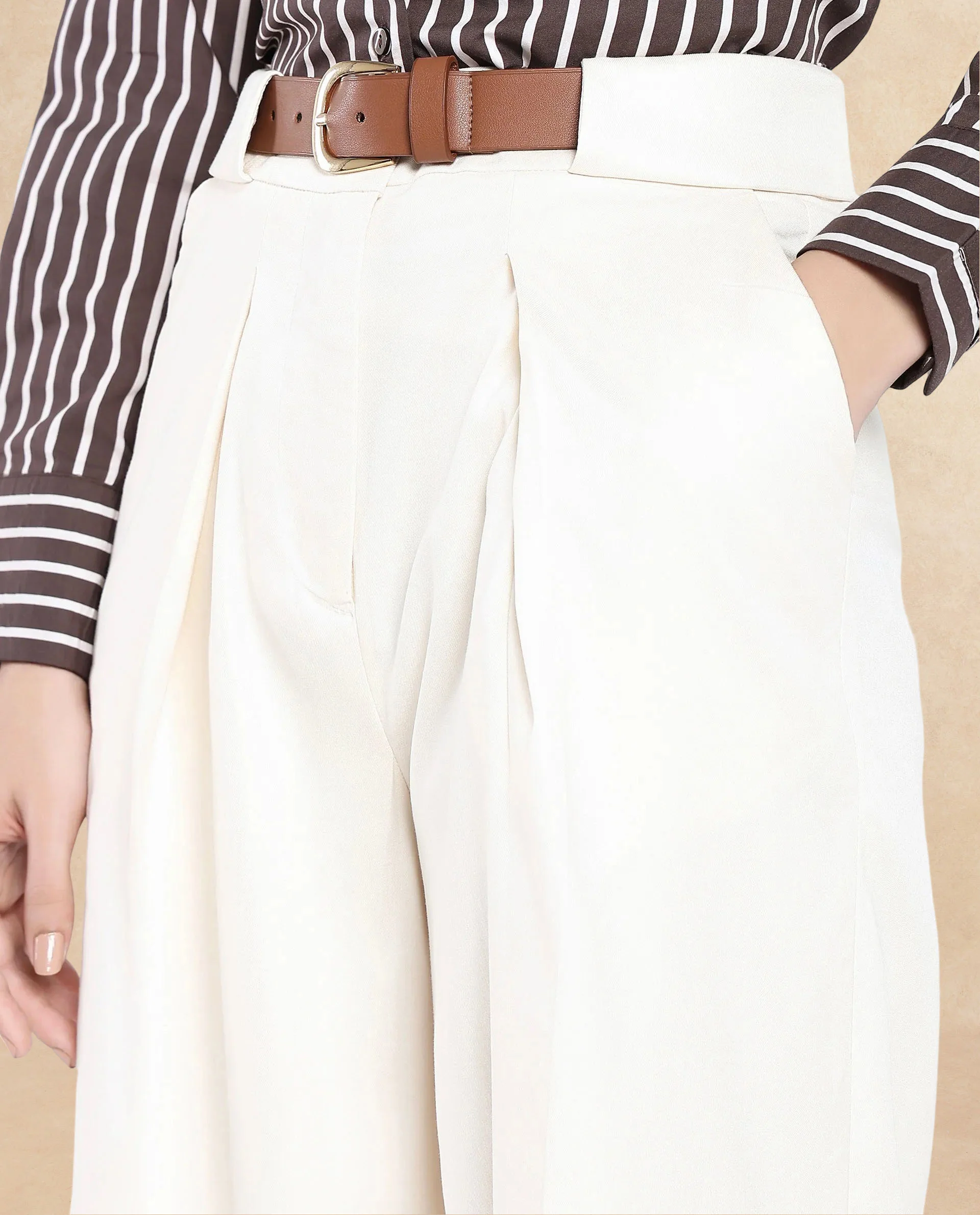 Rareism Women's Sandi Beige Polyester Plain Ankle Length Wide Trouser - Image 3