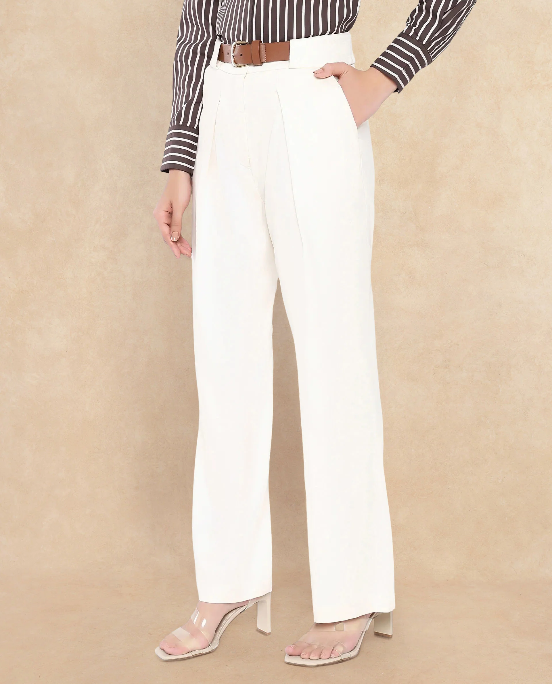 Rareism Women's Sandi Beige Polyester Plain Ankle Length Wide Trouser - Image 5