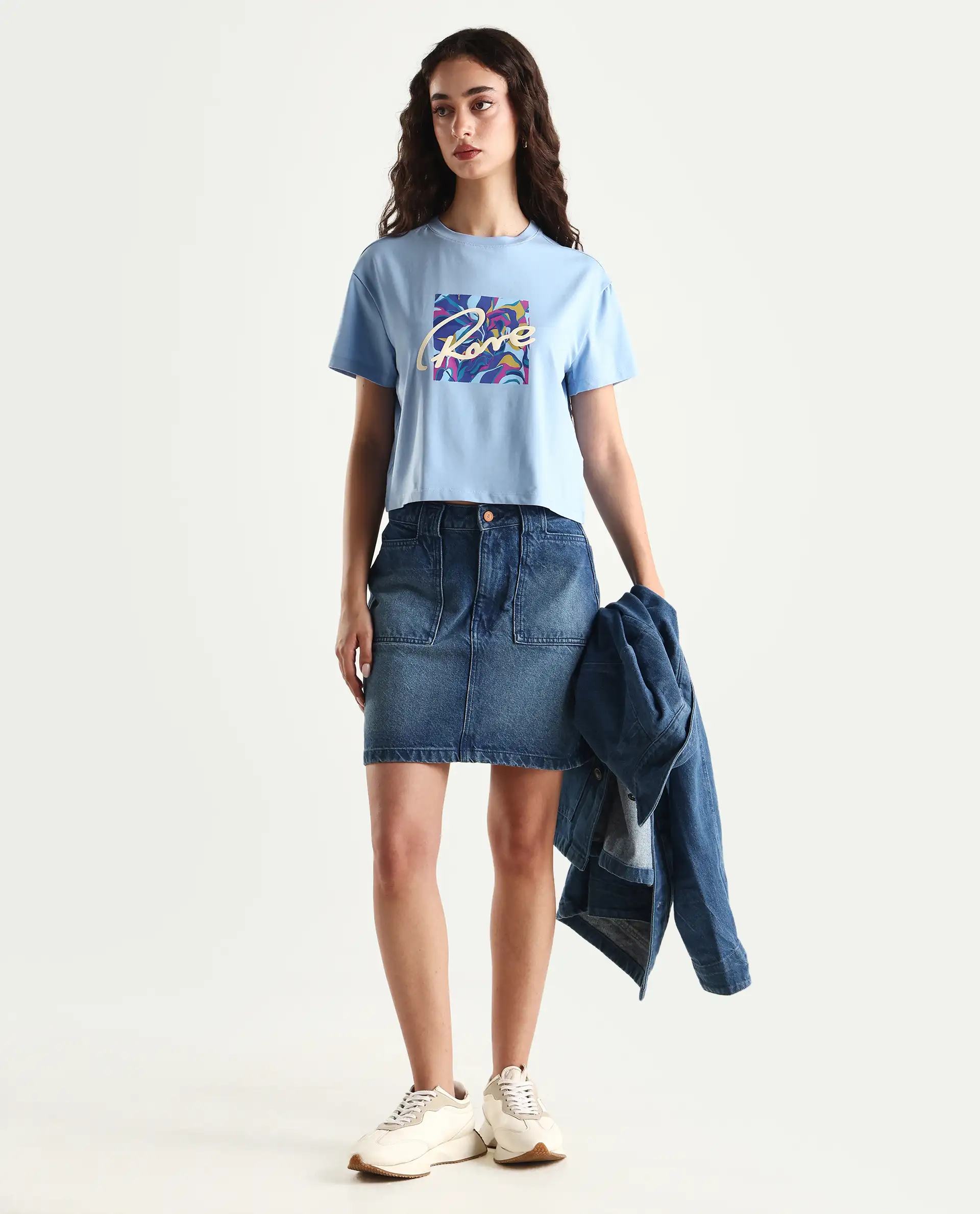 Rareism Women's Sandre Blue Cotton Blend Crew Neck Graphic Print Crop Regular Fit T-Shirt - Image 2