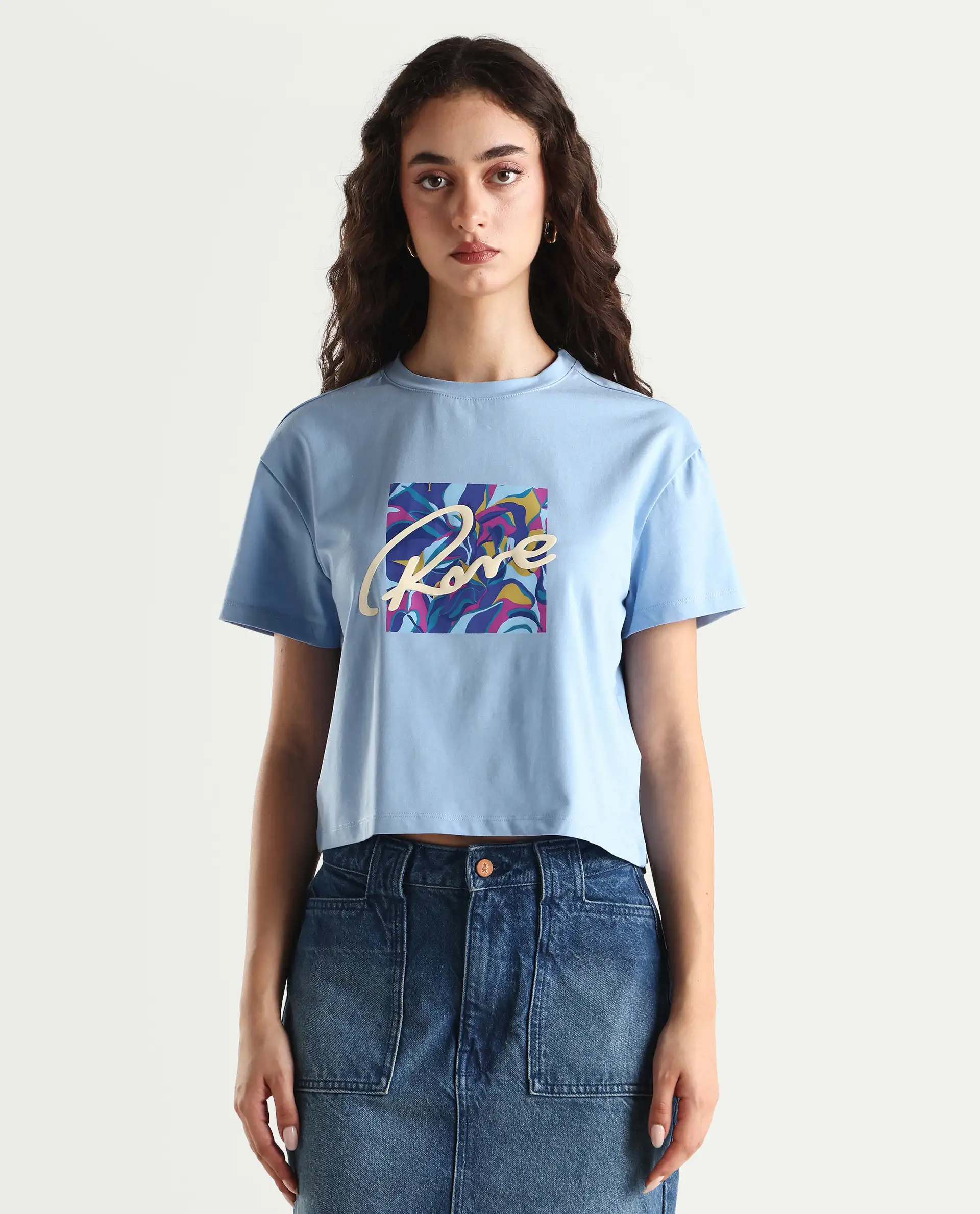 Rareism Women's Sandre Blue Cotton Blend Crew Neck Graphic Print Crop Regular Fit T-Shirt - Image 3