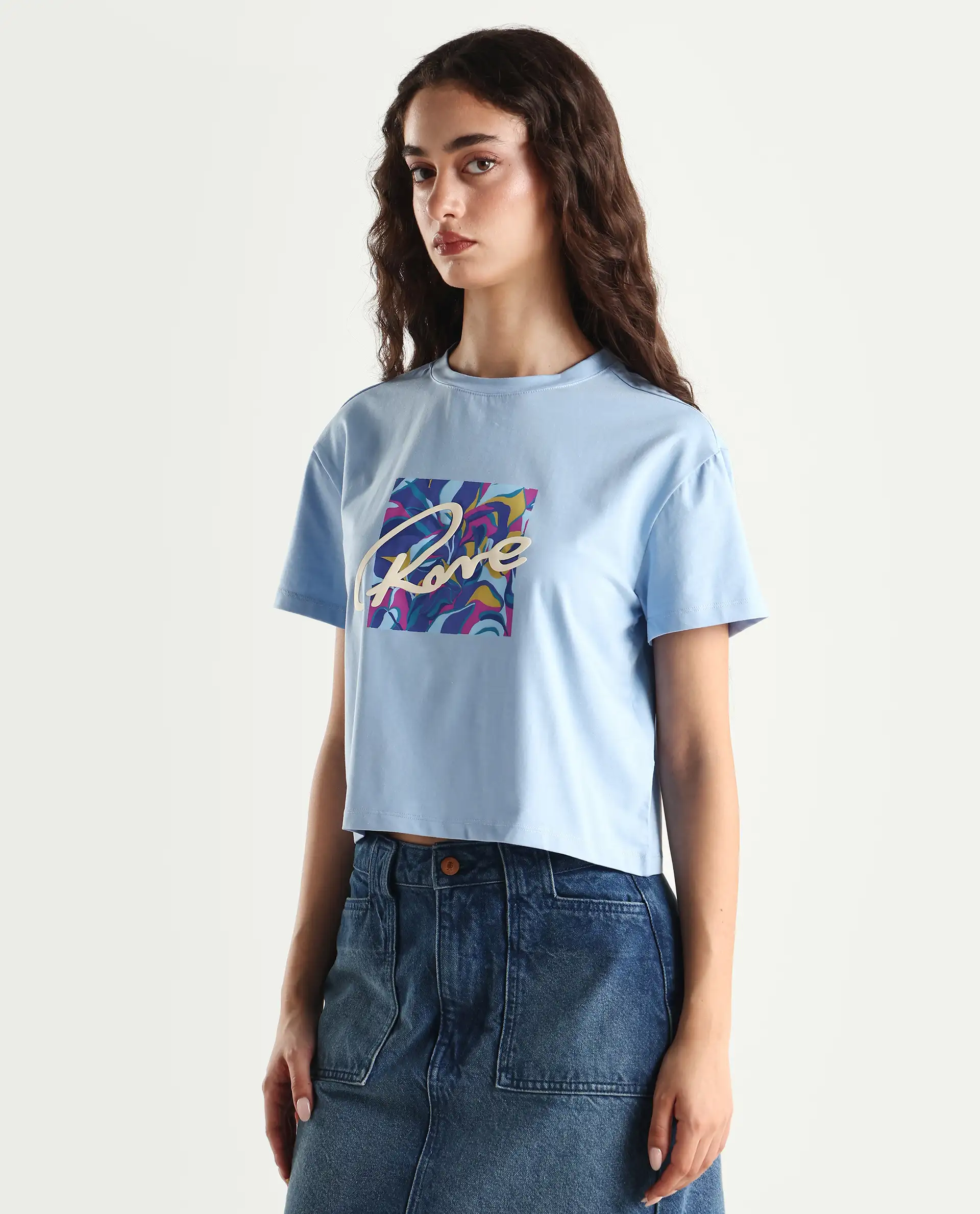 Rareism Women's Sandre Blue Cotton Blend Crew Neck Graphic Print Crop Regular Fit T-Shirt - Image 4