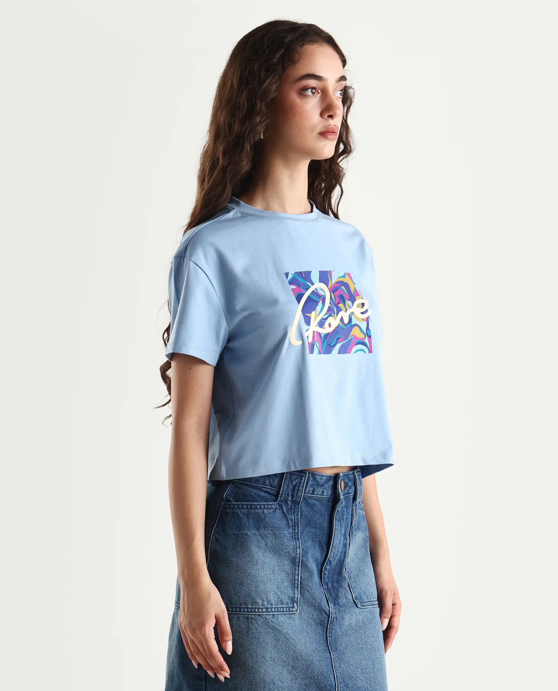 Rareism Women's Sandre Blue Cotton Blend Crew Neck Graphic Print Crop Regular Fit T-Shirt - Image 5