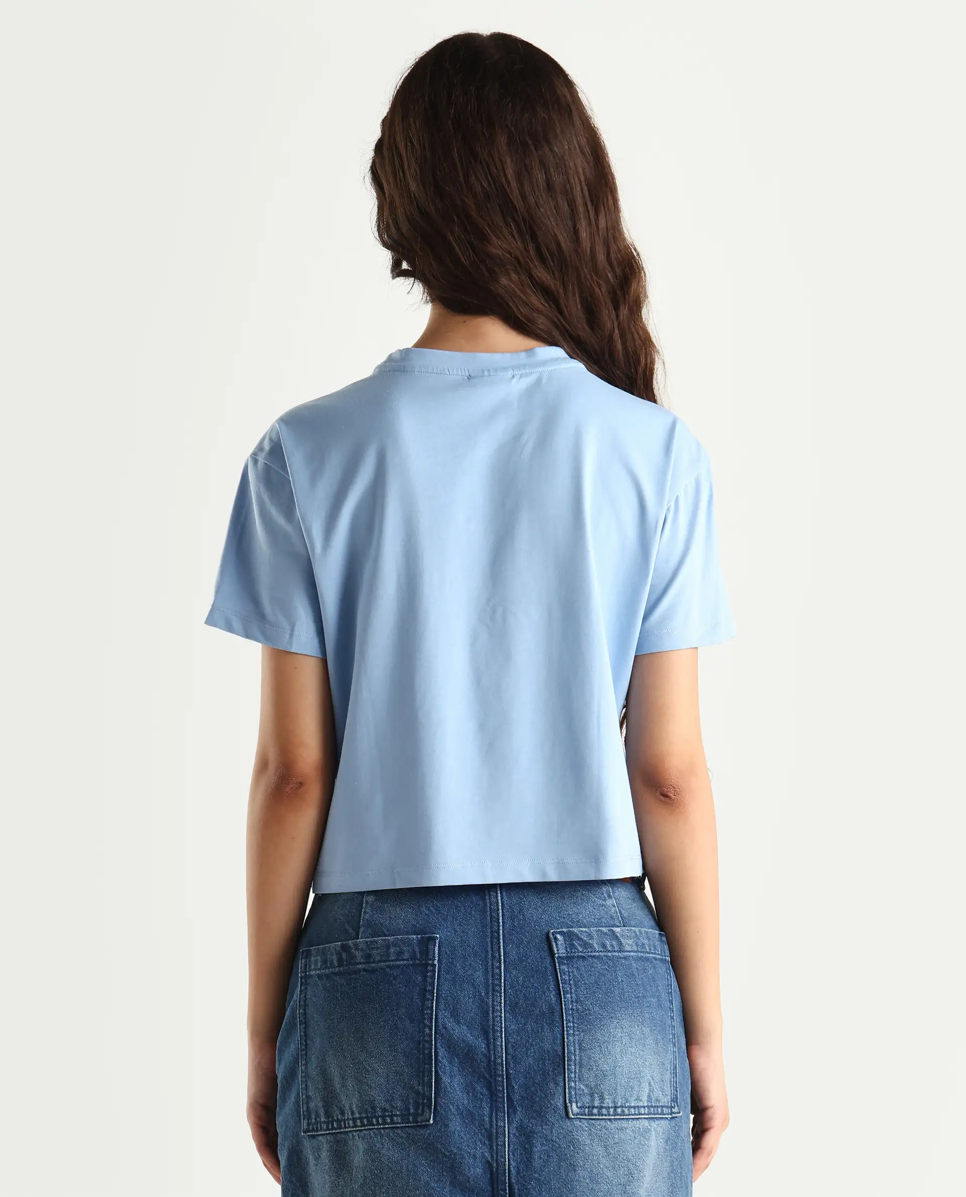 Rareism Women's Sandre Blue Cotton Blend Crew Neck Graphic Print Crop Regular Fit T-Shirt - Image 6
