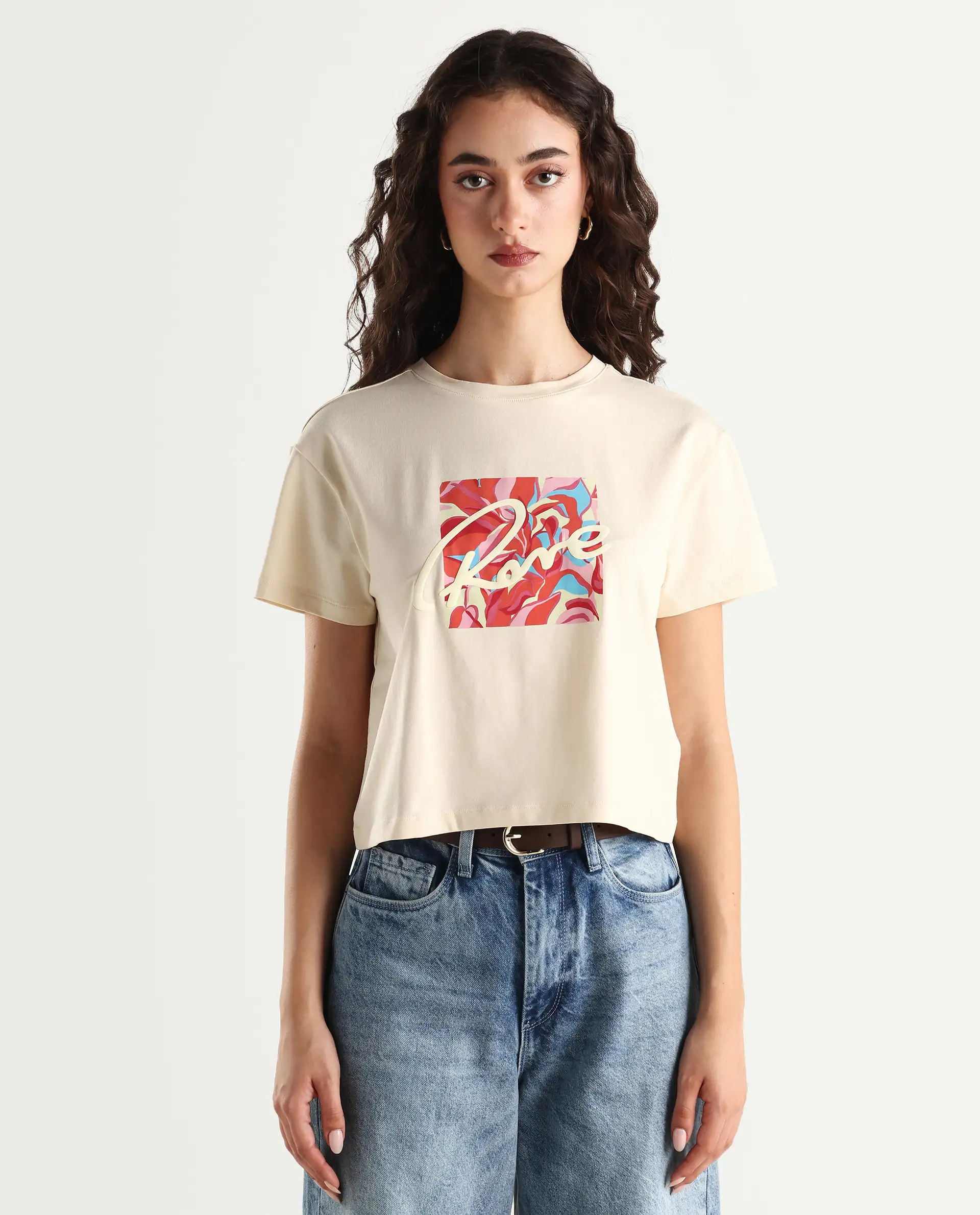 Rareism Women's Sandre Light Beige Cotton Blend Crew Neck Graphic Print Crop Regular Fit T-Shirt - Image 3