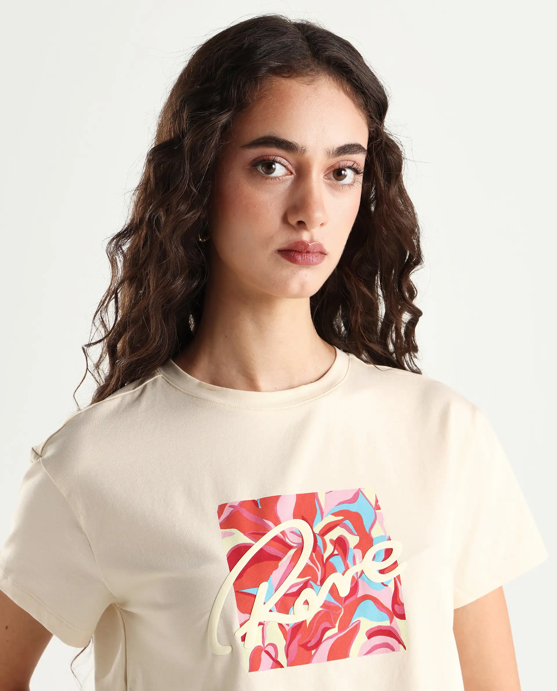 Rareism Women's Sandre Light Beige Cotton Blend Crew Neck Graphic Print Crop Regular Fit T-Shirt - Image 4