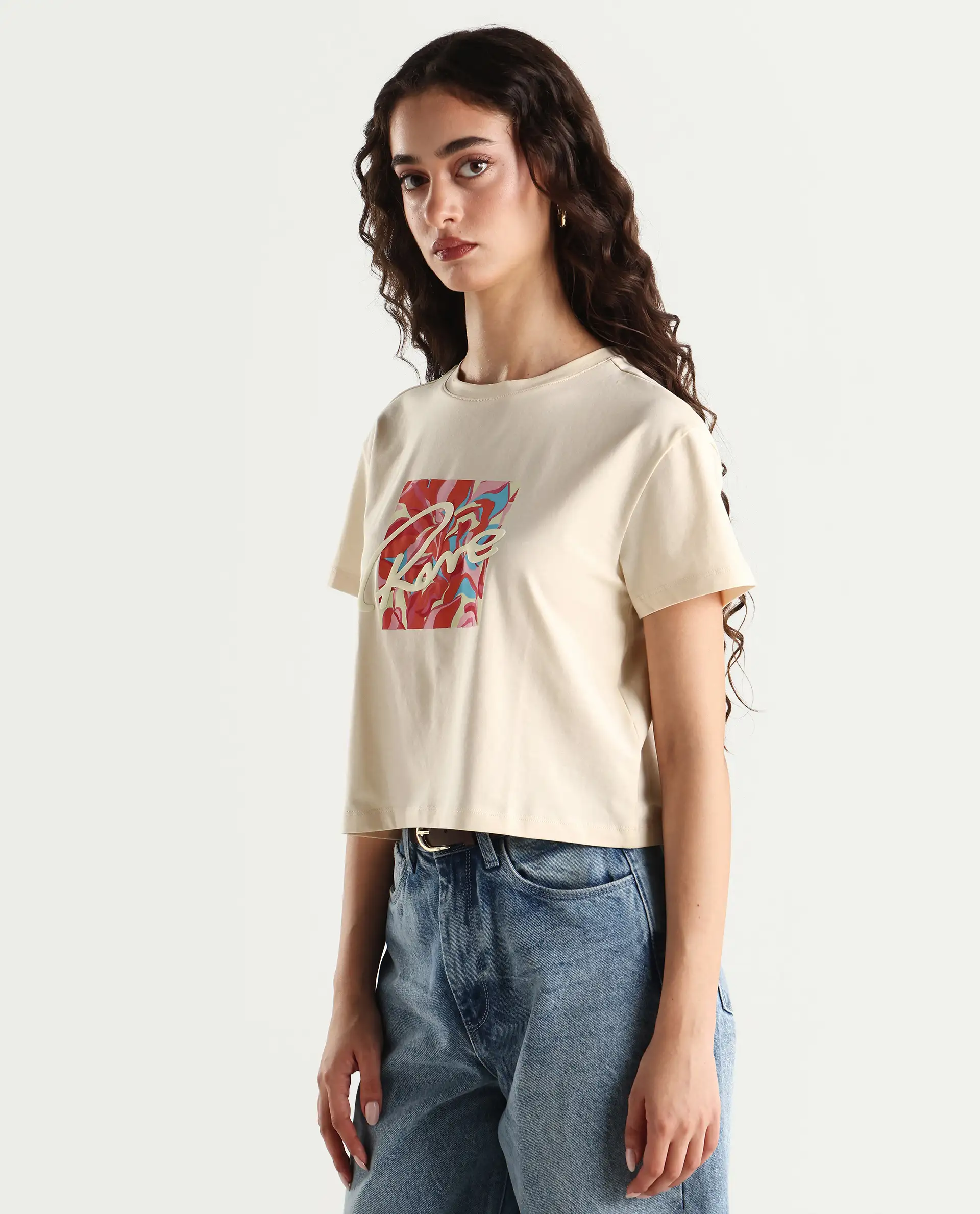 Rareism Women's Sandre Light Beige Cotton Blend Crew Neck Graphic Print Crop Regular Fit T-Shirt - Image 5