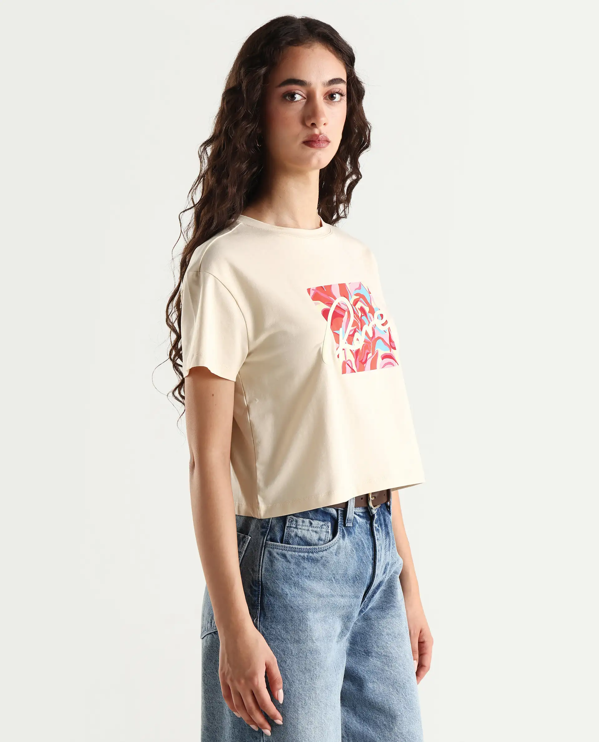 Rareism Women's Sandre Light Beige Cotton Blend Crew Neck Graphic Print Crop Regular Fit T-Shirt - Image 6