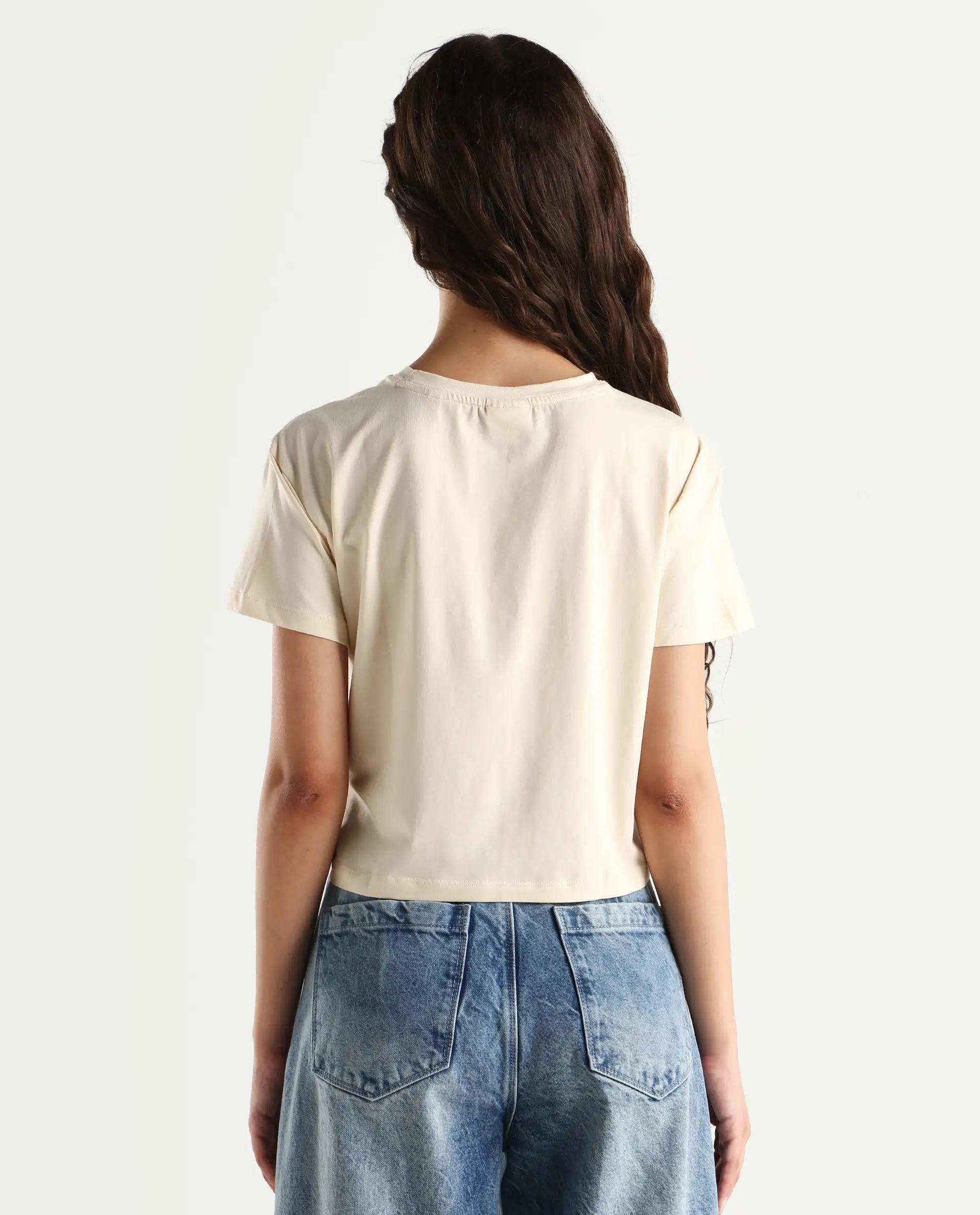 Rareism Women's Sandre Light Beige Cotton Blend Crew Neck Graphic Print Crop Regular Fit T-Shirt - Image 7