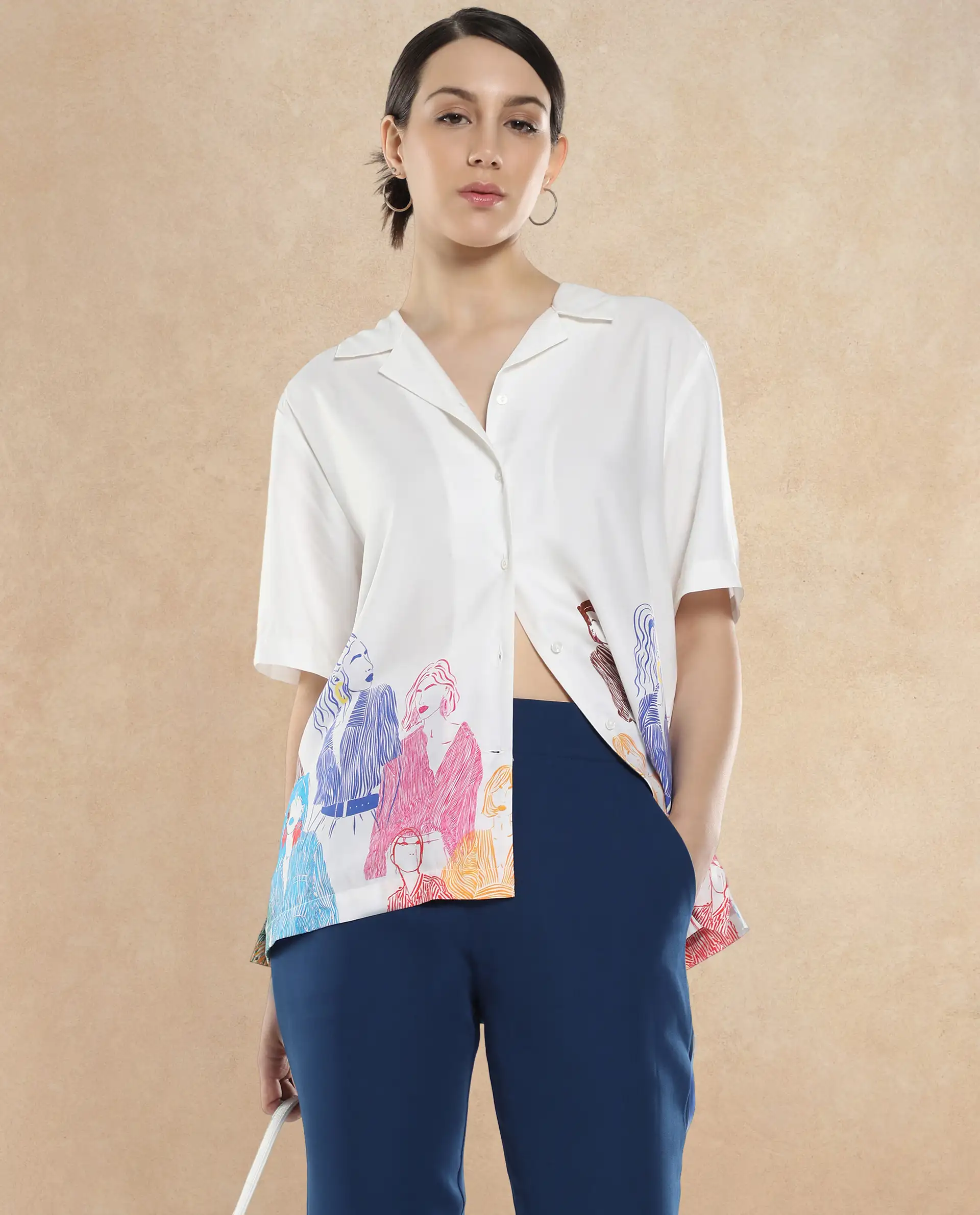 Rareism Women's Sandy Off White Viscose Spread Collar Abstract Print Relaxed Fit Top - Image 3