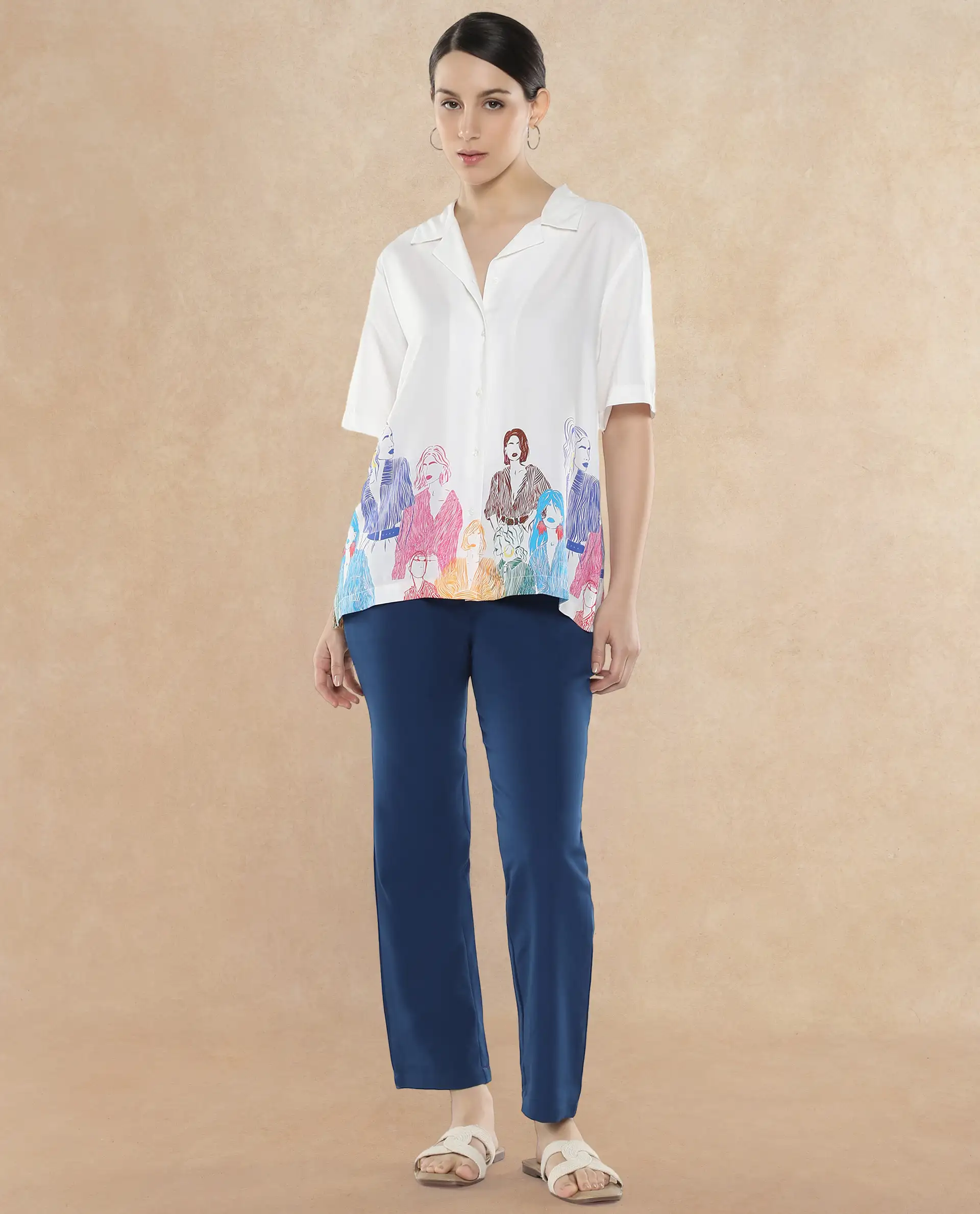 Rareism Women's Sandy Off White Viscose Spread Collar Abstract Print Relaxed Fit Top - Image 6
