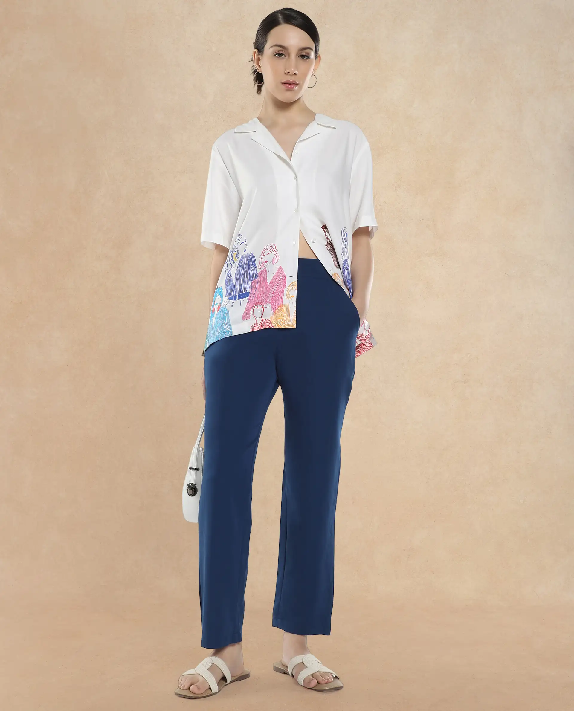 Rareism Women's Sandy Off White Viscose Spread Collar Abstract Print Relaxed Fit Top - Image 8