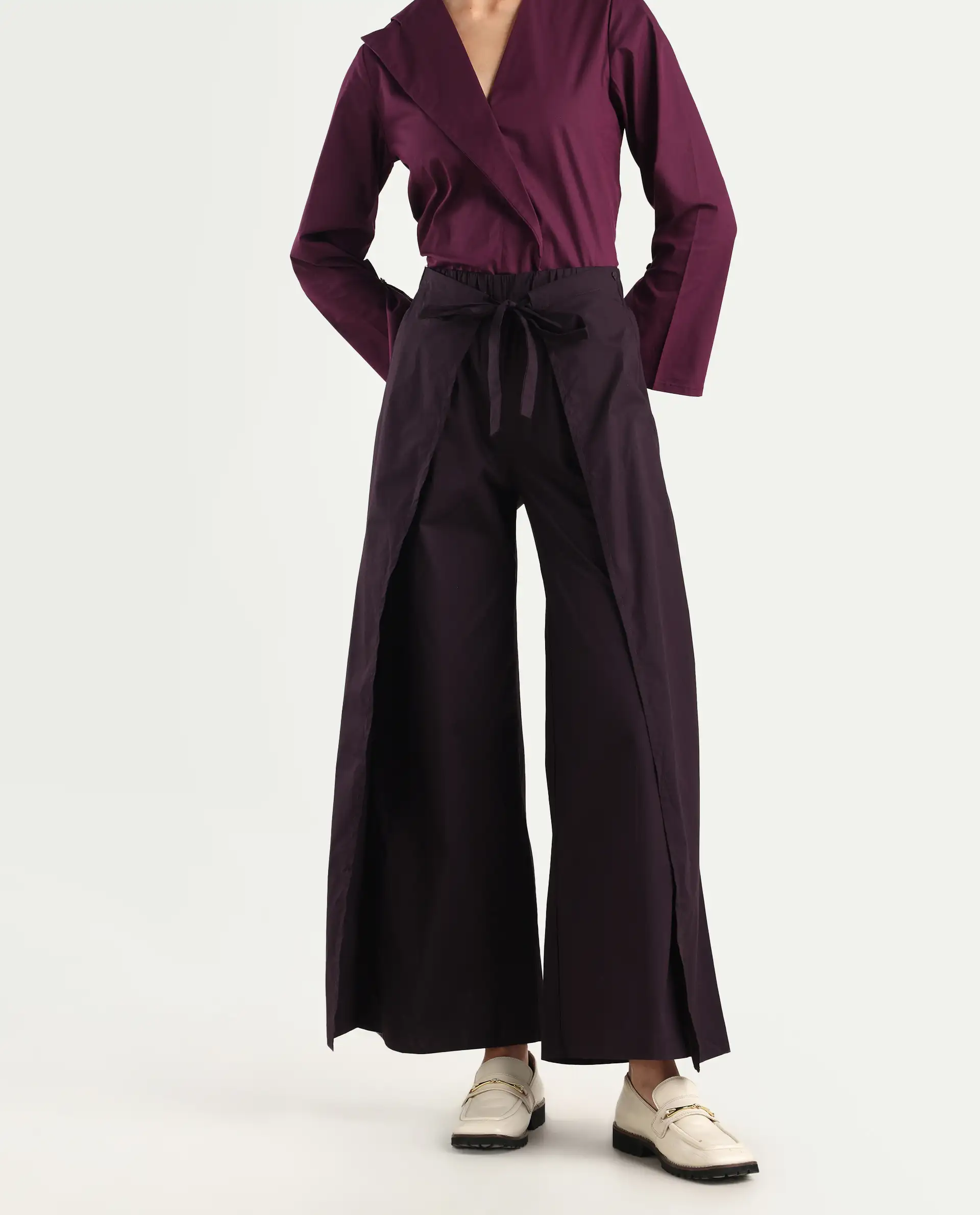 Rareism Women's Sanremo Maroon Cotton Plain Ankle Length Wide Leg Trouser - Image 2