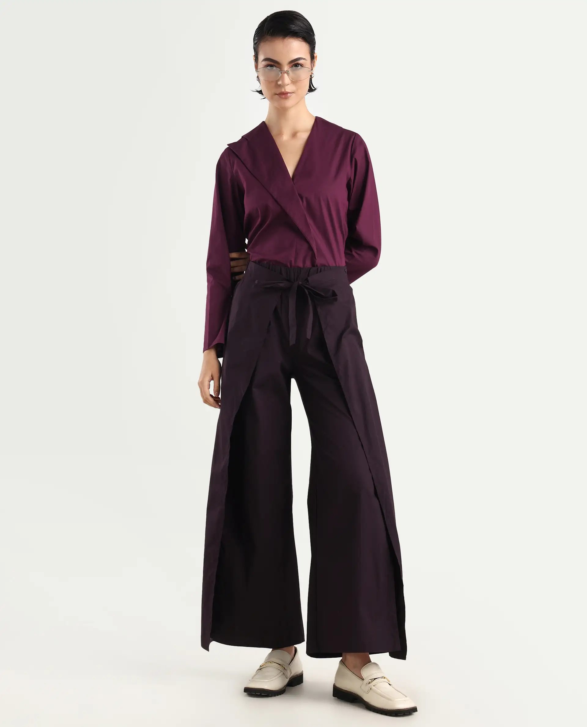 Rareism Women's Sanremo Maroon Cotton Plain Ankle Length Wide Leg Trouser - Image 3