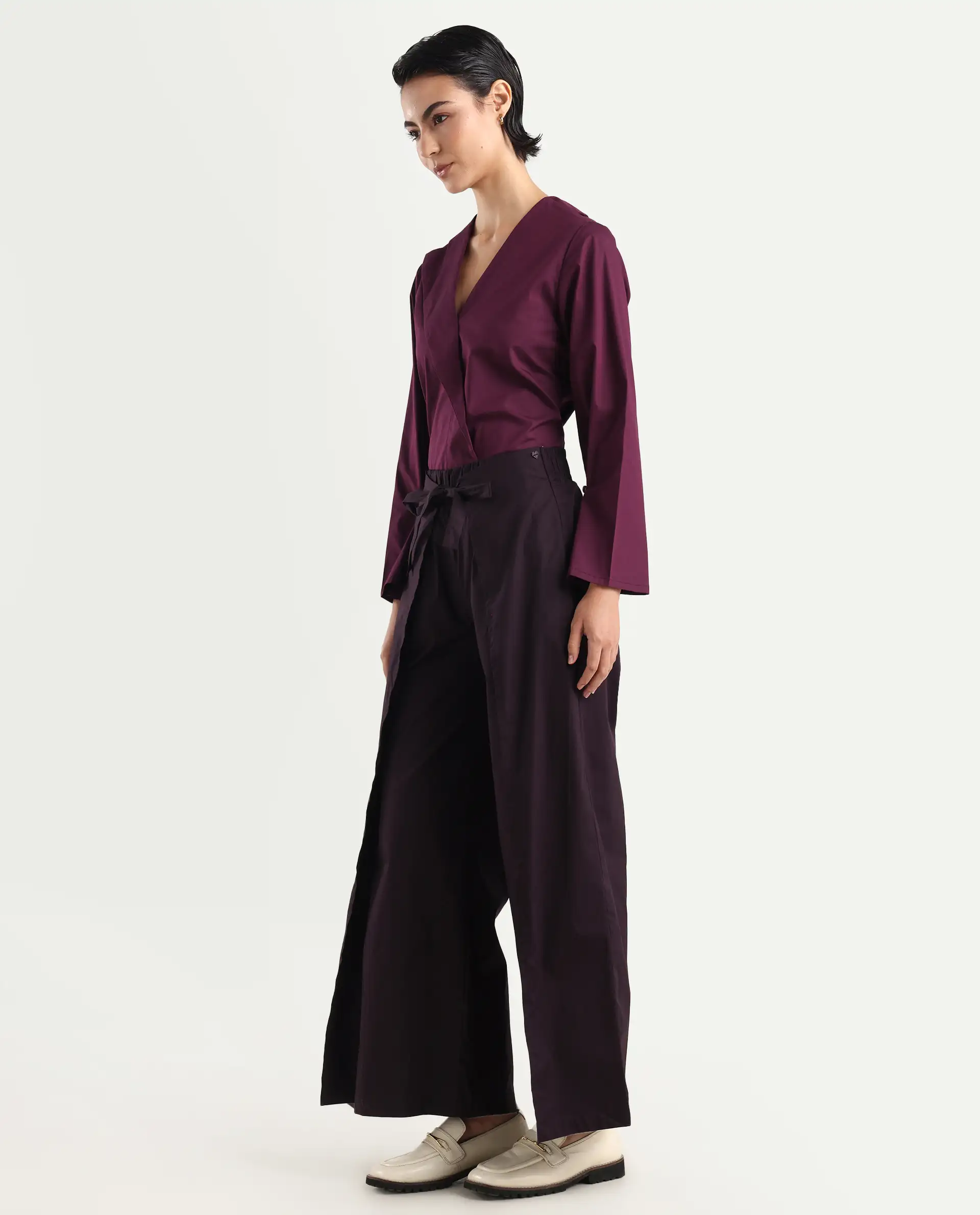 Rareism Women's Sanremo Maroon Cotton Plain Ankle Length Wide Leg Trouser - Image 5