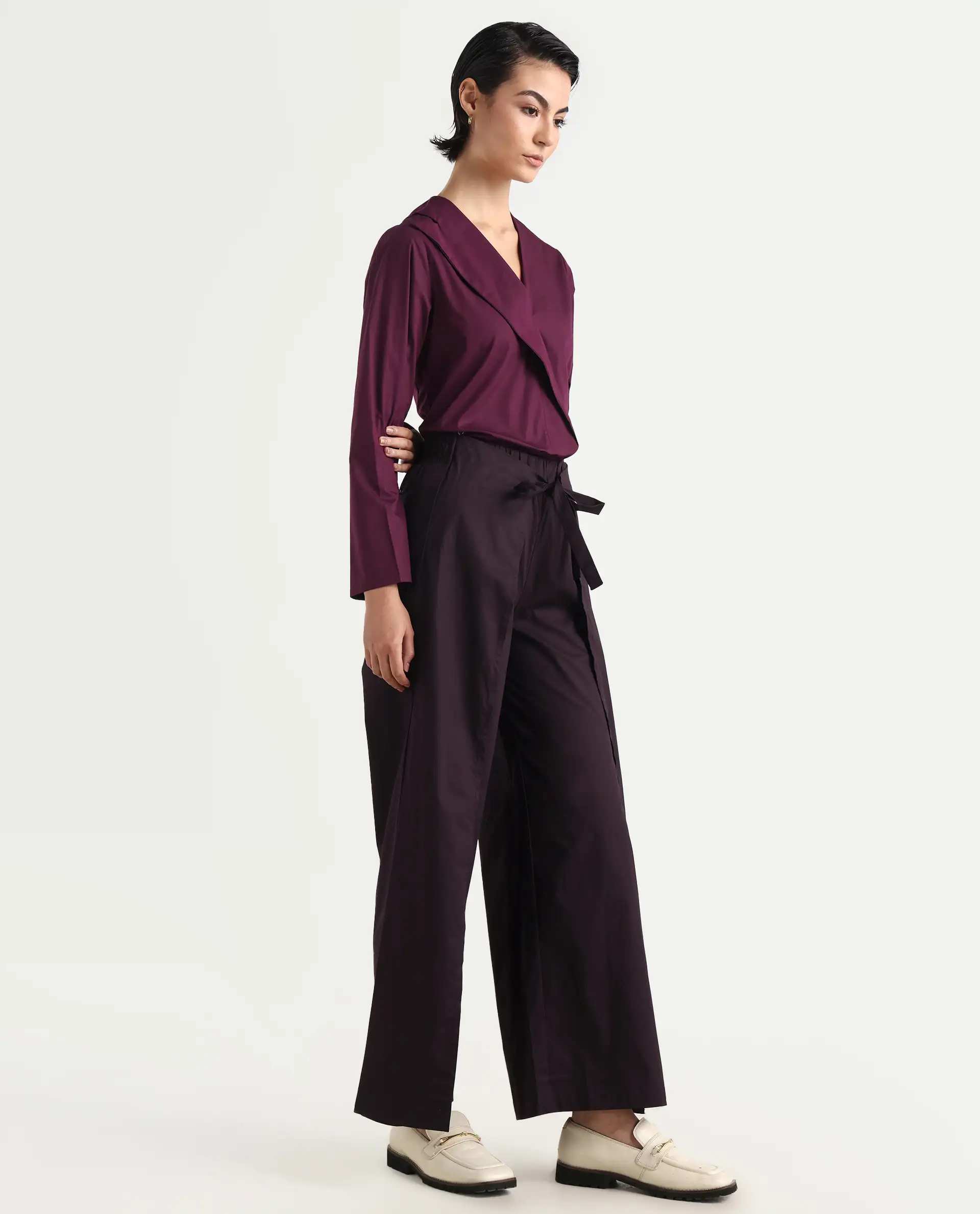 Rareism Women's Sanremo Maroon Cotton Plain Ankle Length Wide Leg Trouser - Image 6