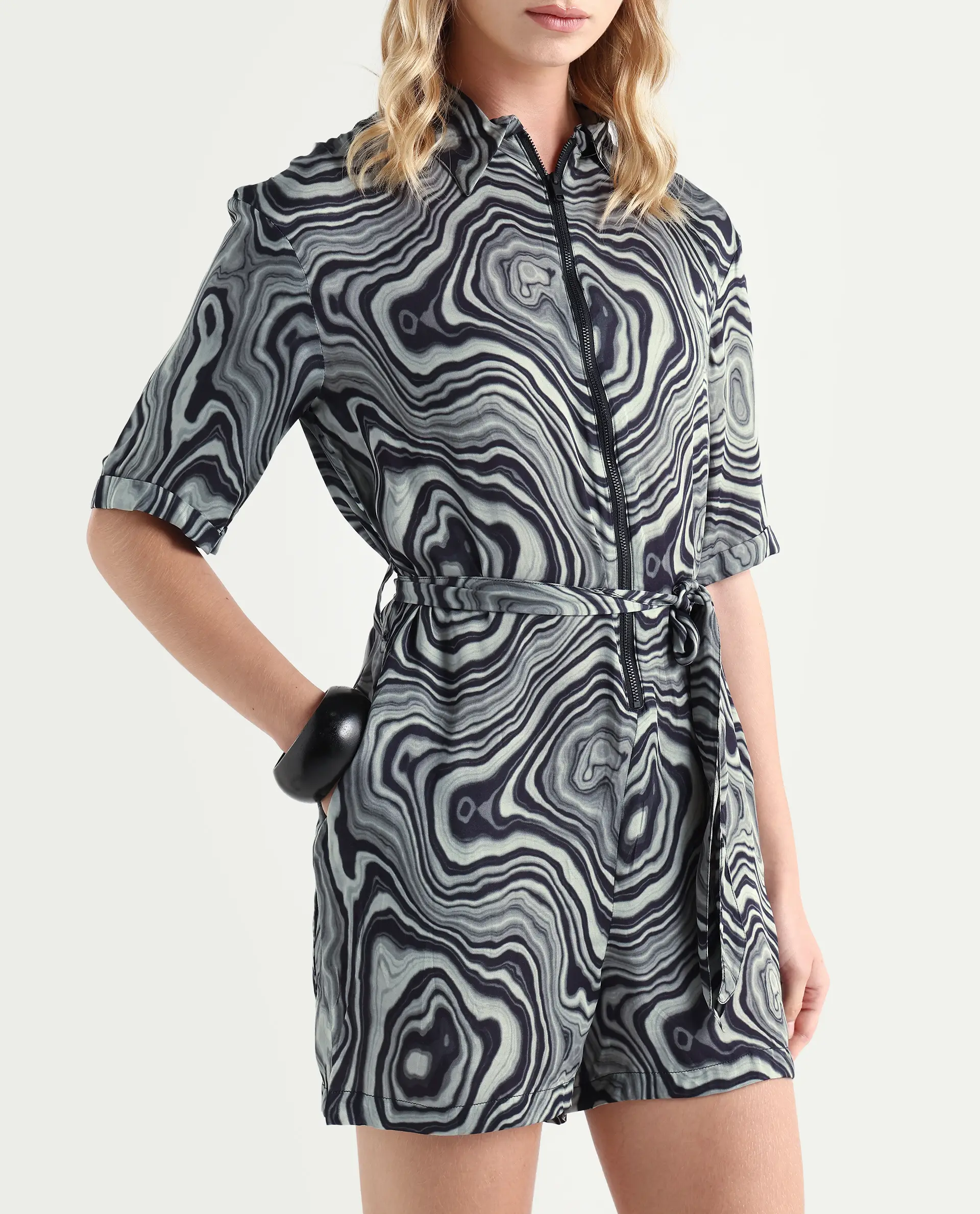 Rareism Women's Santa Black Modal Blend Spread Collar Abstract Print Regular Fit Playsuit
