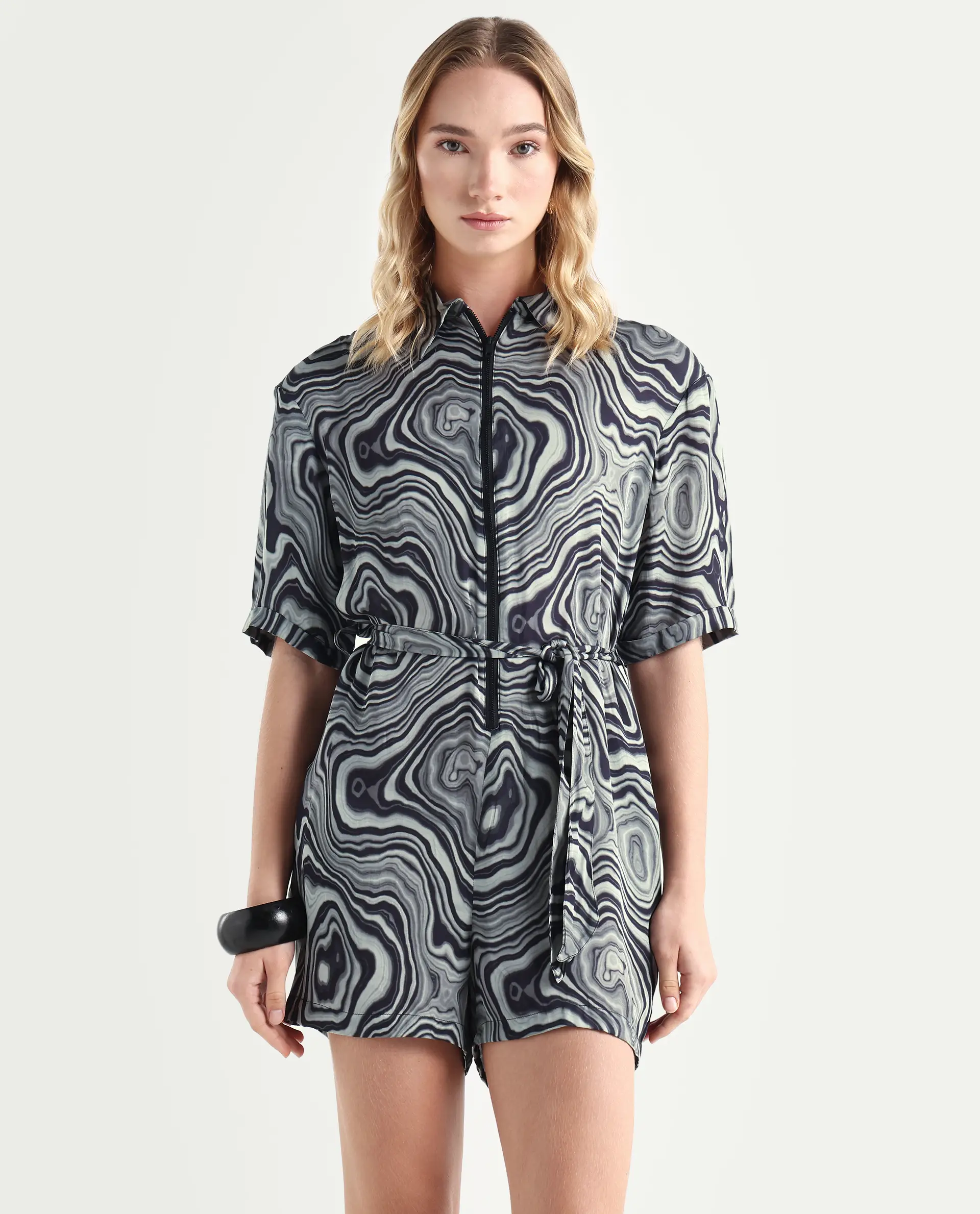 Rareism Women's Santa Black Modal Blend Spread Collar Abstract Print Regular Fit Playsuit - Image 3