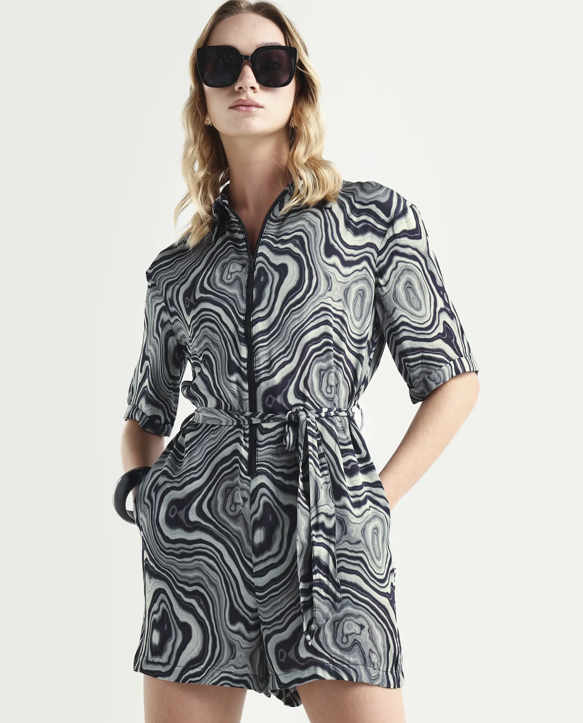 Rareism Women's Santa Black Modal Blend Spread Collar Abstract Print Regular Fit Playsuit - Image 4